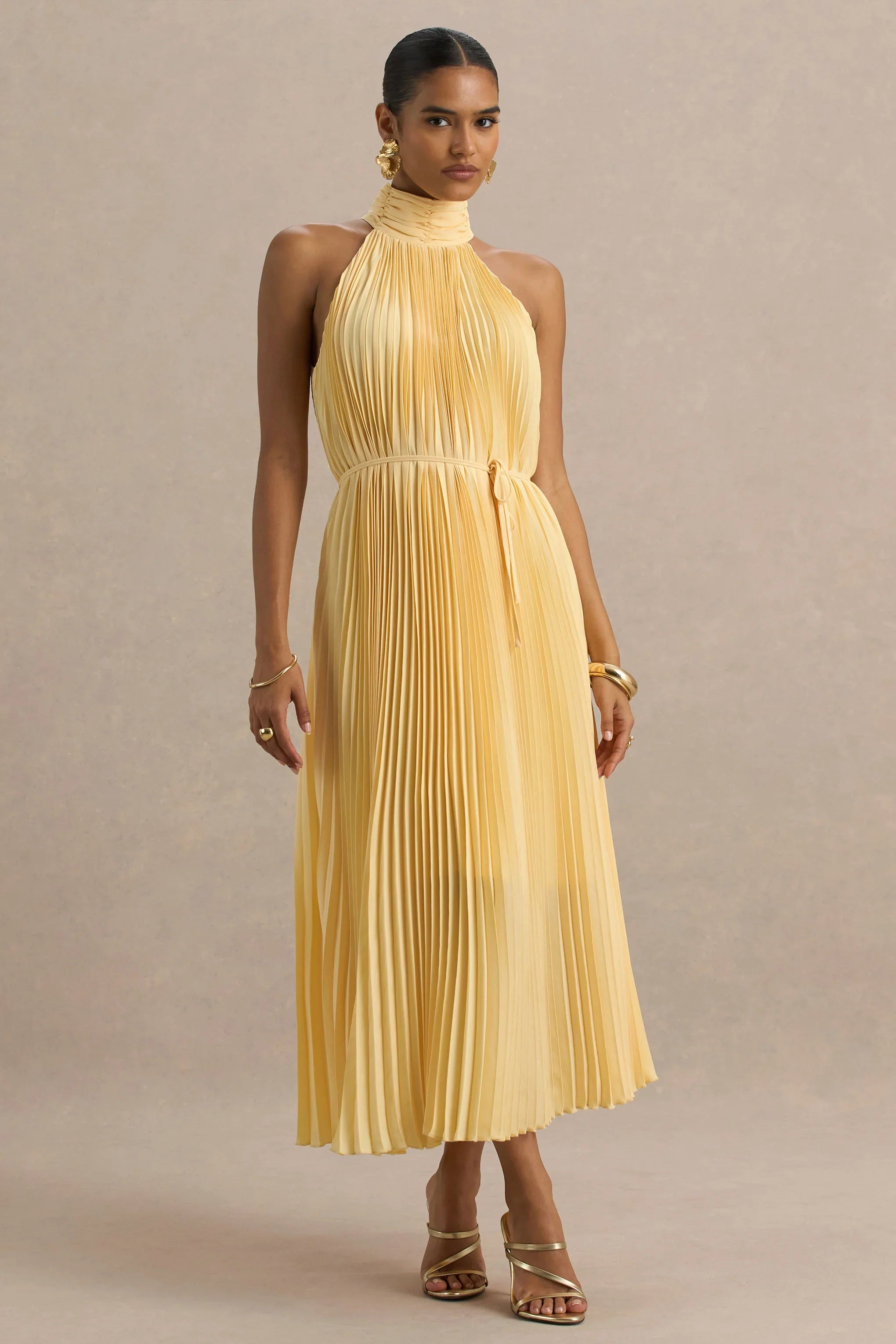 Tulip Lemon Pleated High Neck Midi Dress