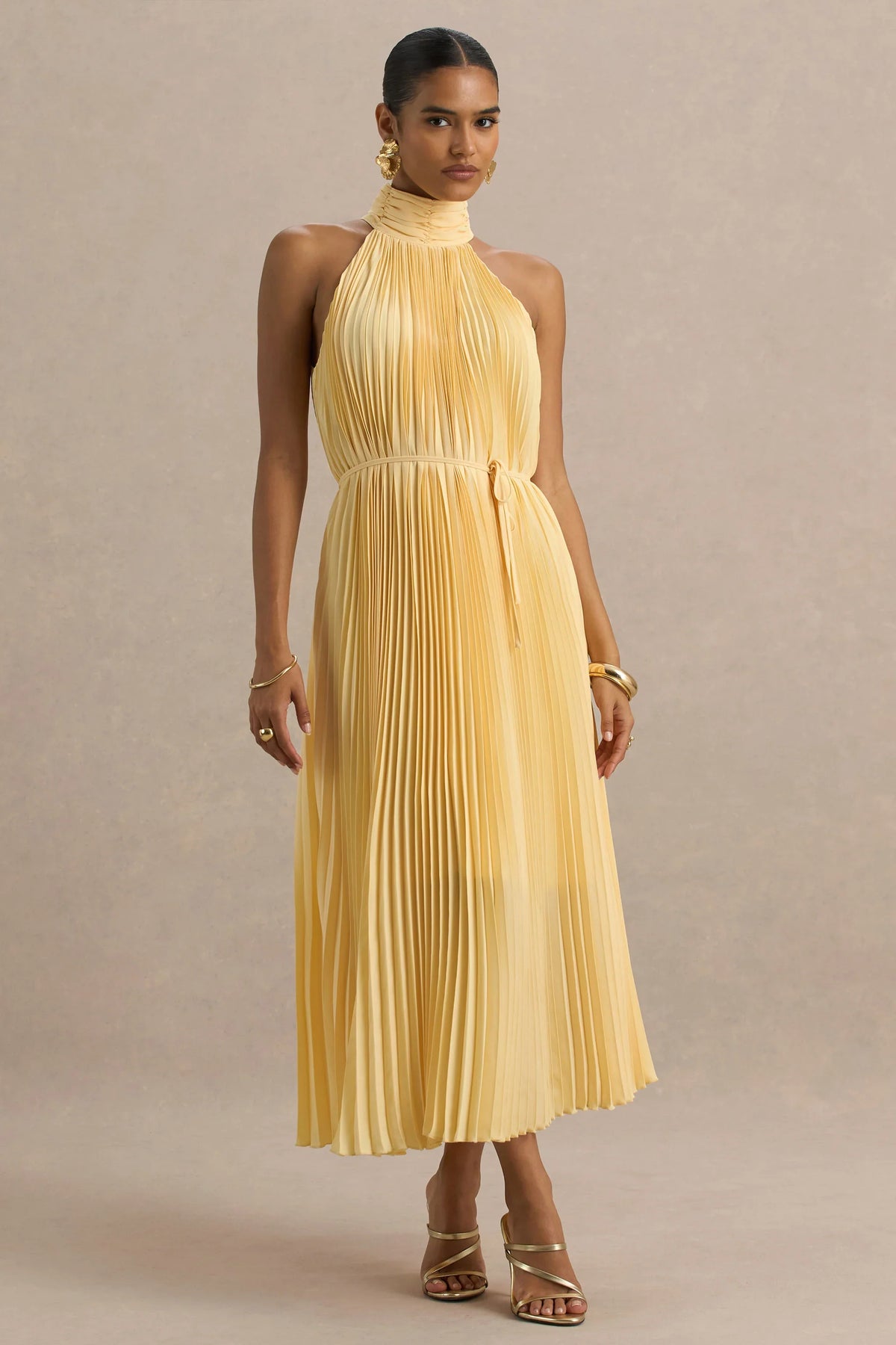 Tulip Lemon Pleated High Neck Midi Dress