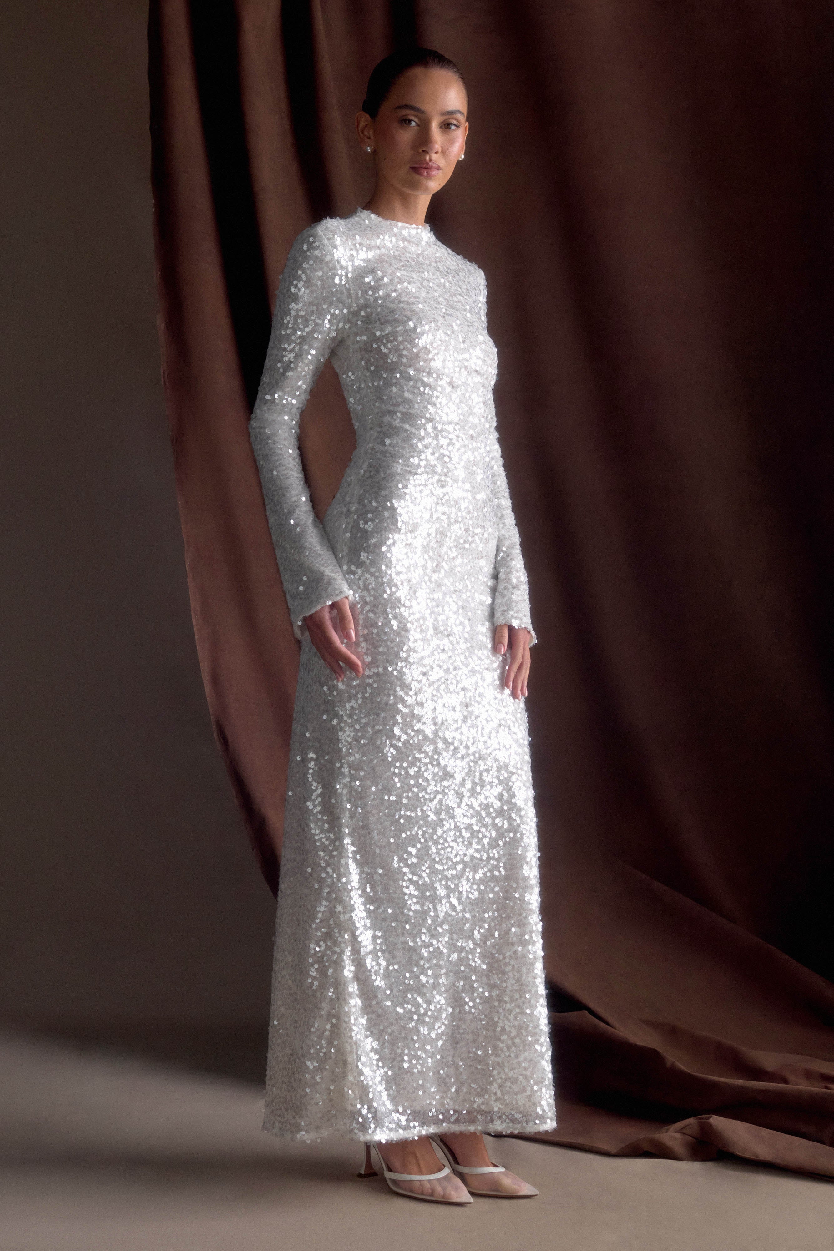 Sofia Long Sleeve Sequin Maxi Dress White