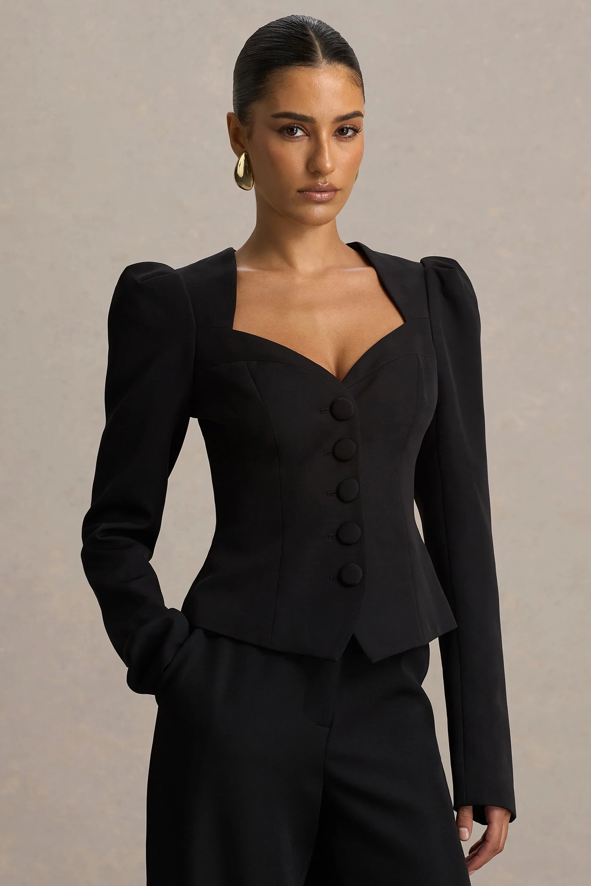 Olympia Black Sweetheart Neck Tailored Top