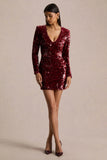 Ritz Burgundy Sequin Plunge Neck Mini Dress With Long Sleeves