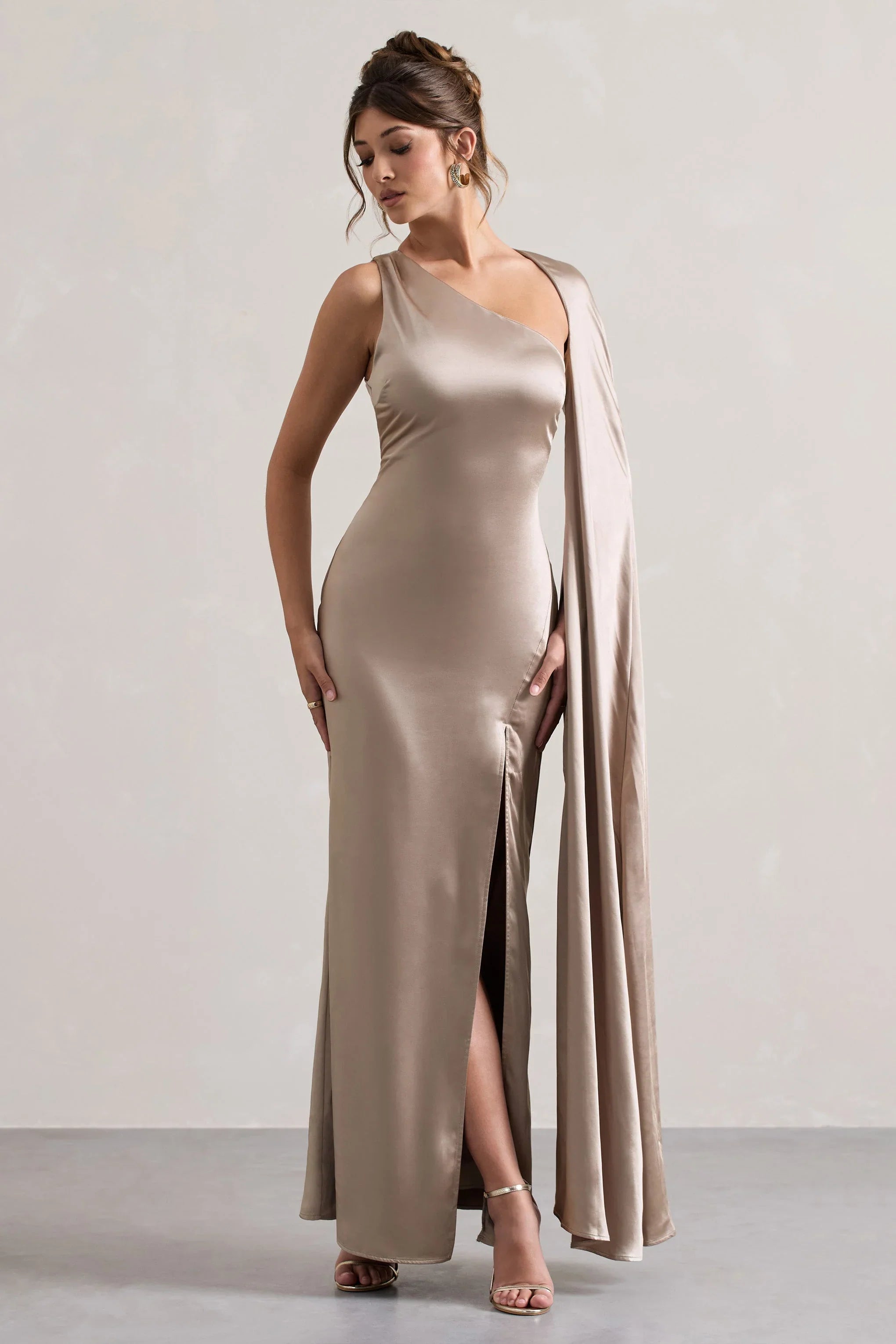 Gala Taupe Satin One Shoulder Cape Sleeve Split Maxi Dress