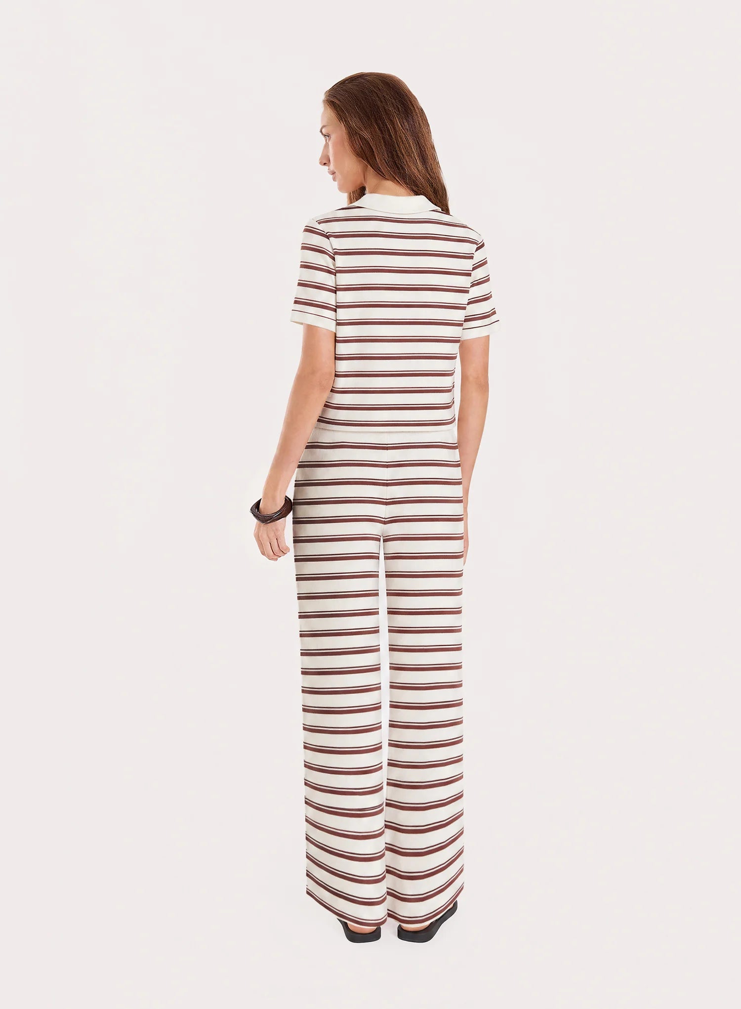 White And Brown Stripe Ribbed Short Sleeve Jersey Polo Top