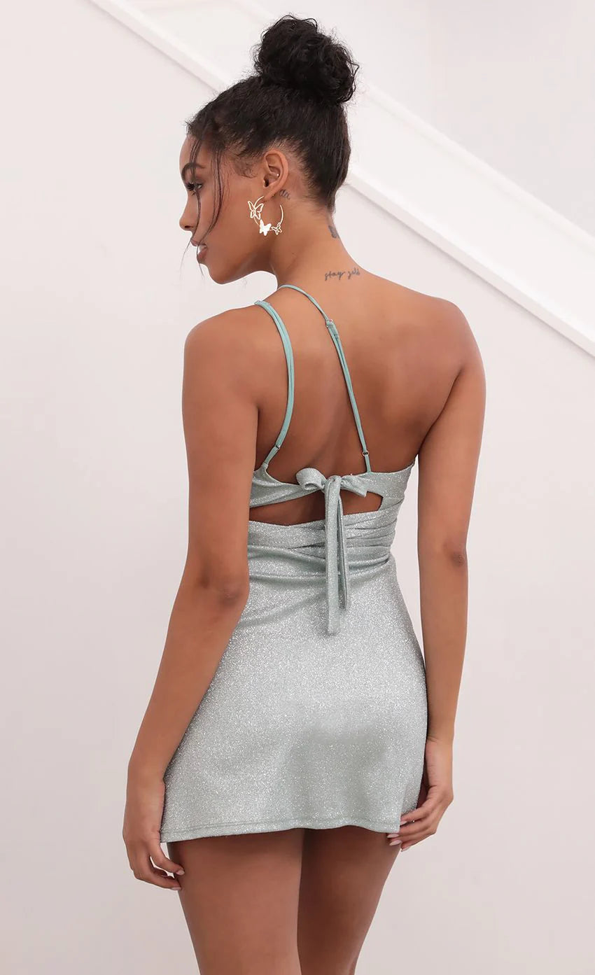 Glitter One Shoulder Dress in Light Blue