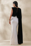Carenza Black White Wide Neck Maxi Dress With Cape Sleeve