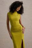 Lanetta Green Ruched High Neck Maxi Dress With Split
