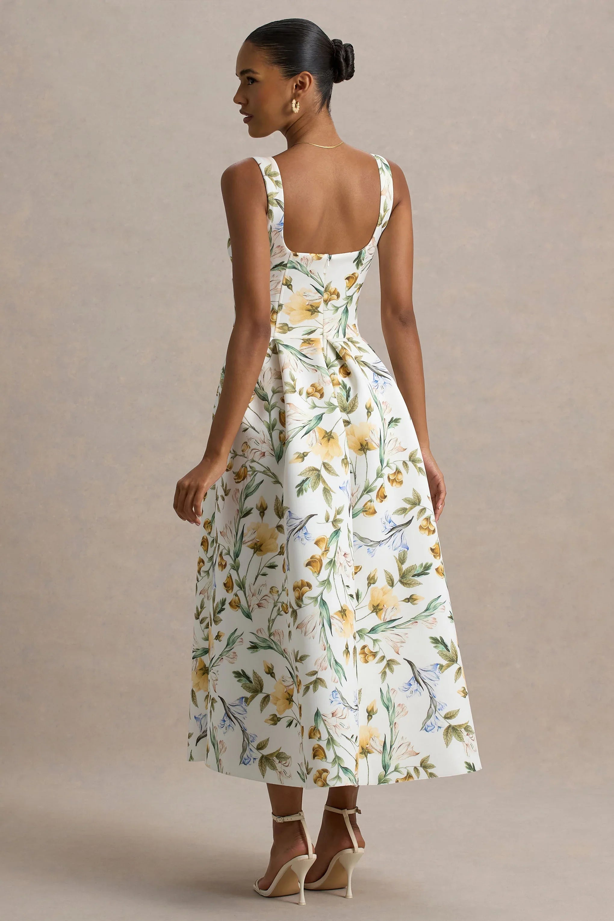 Rosemary Floral Print Sweetheart Midi Dress With Drop Waist