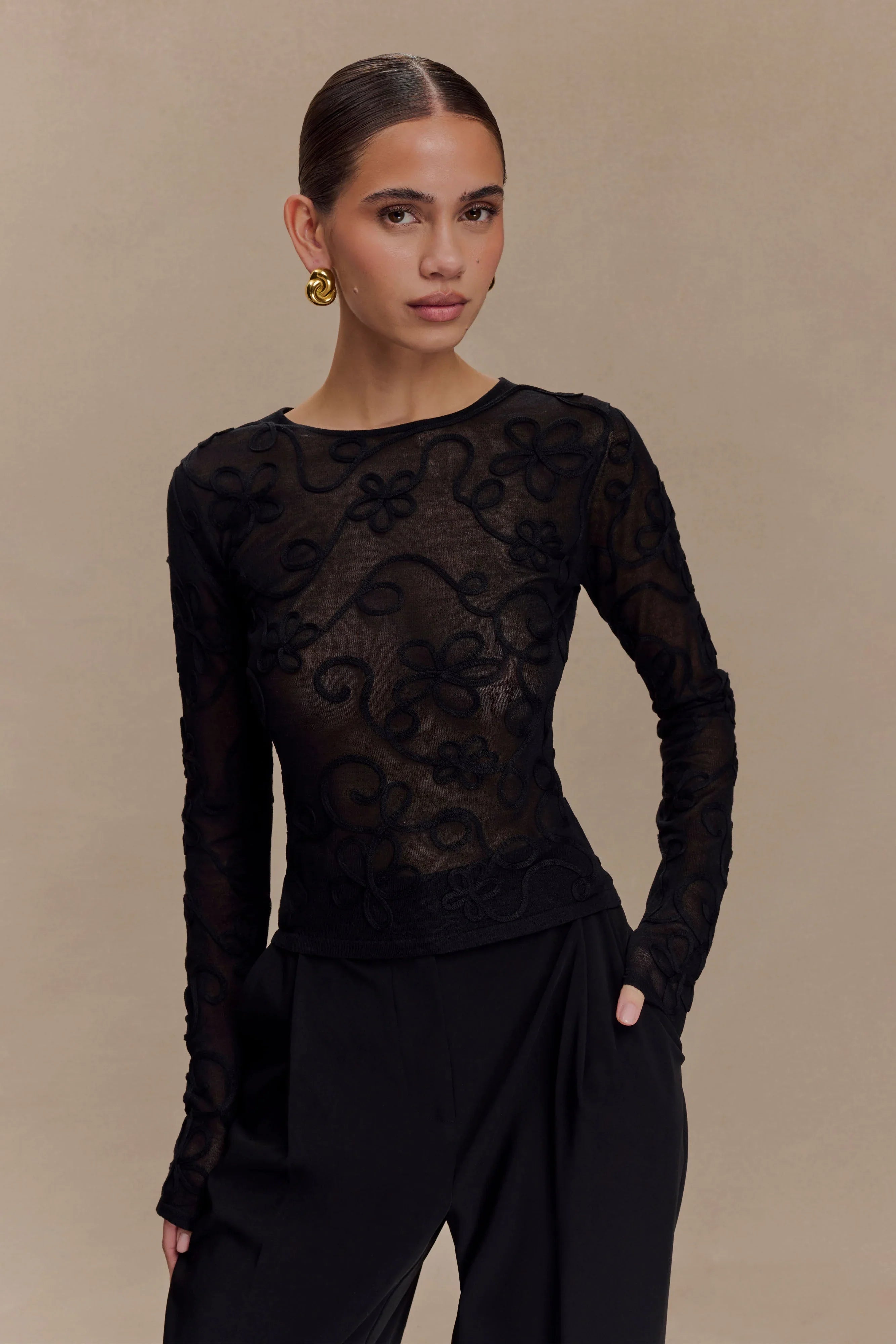 Omari Embroidery Long Sleeve Knit Top Black