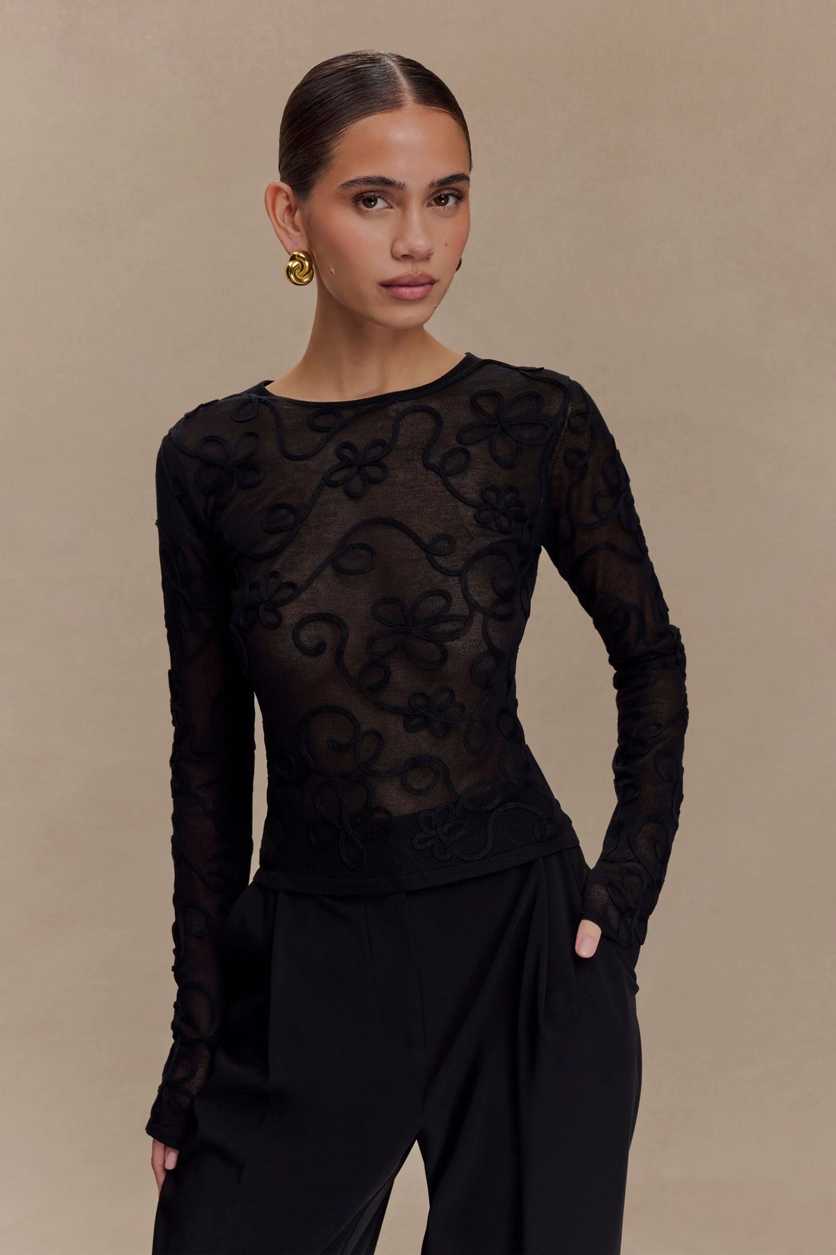 Omari Embroidery Long Sleeve Knit Top Black