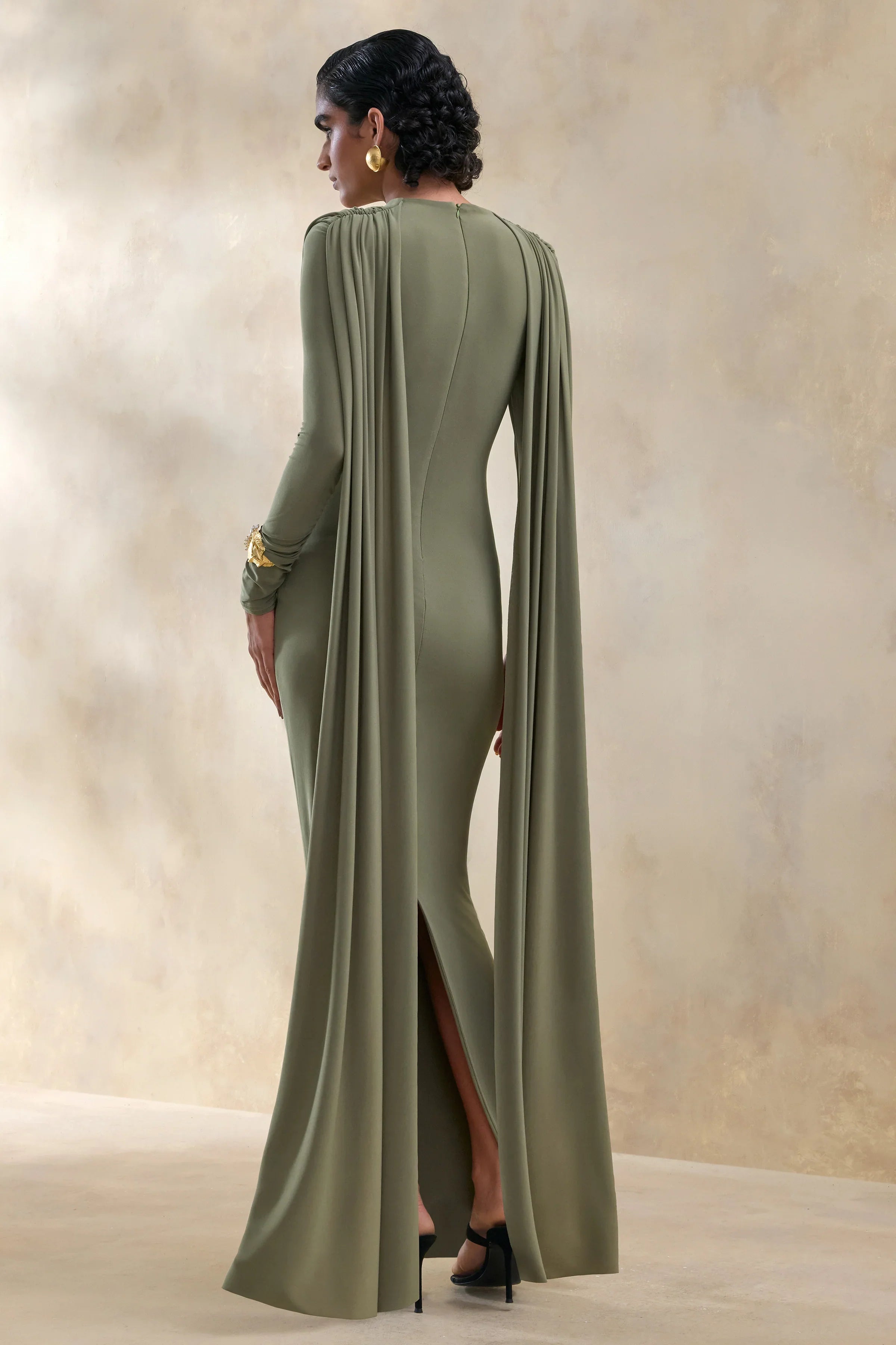 Lysoria Olive High Neck Maxi Dress With Draped Detailing And Cape Sleeves