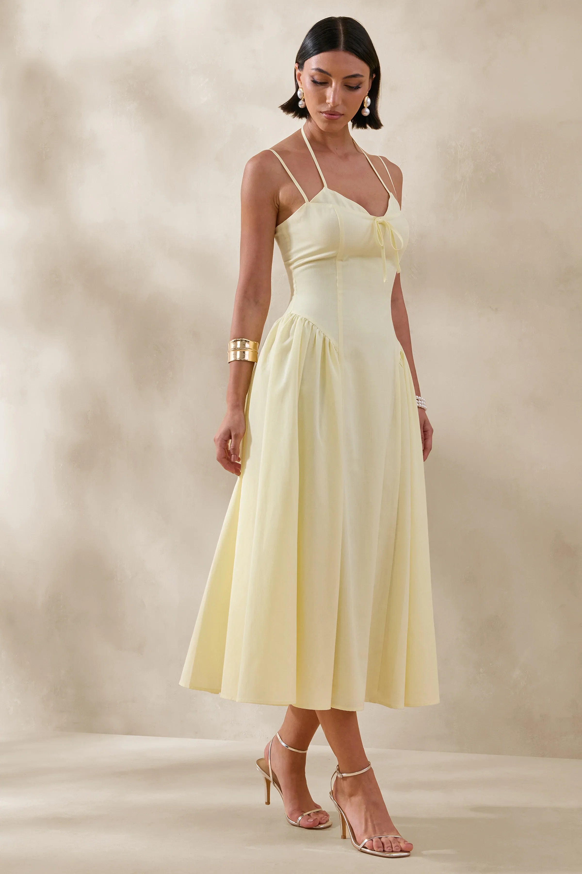 Audrey Lemon Sweetheart Neck Midi Dress With Ruching Detail