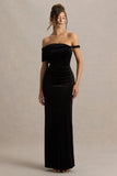 Poised Black Velvet Bardot Neck Maxi Dress With Twist Sleeve