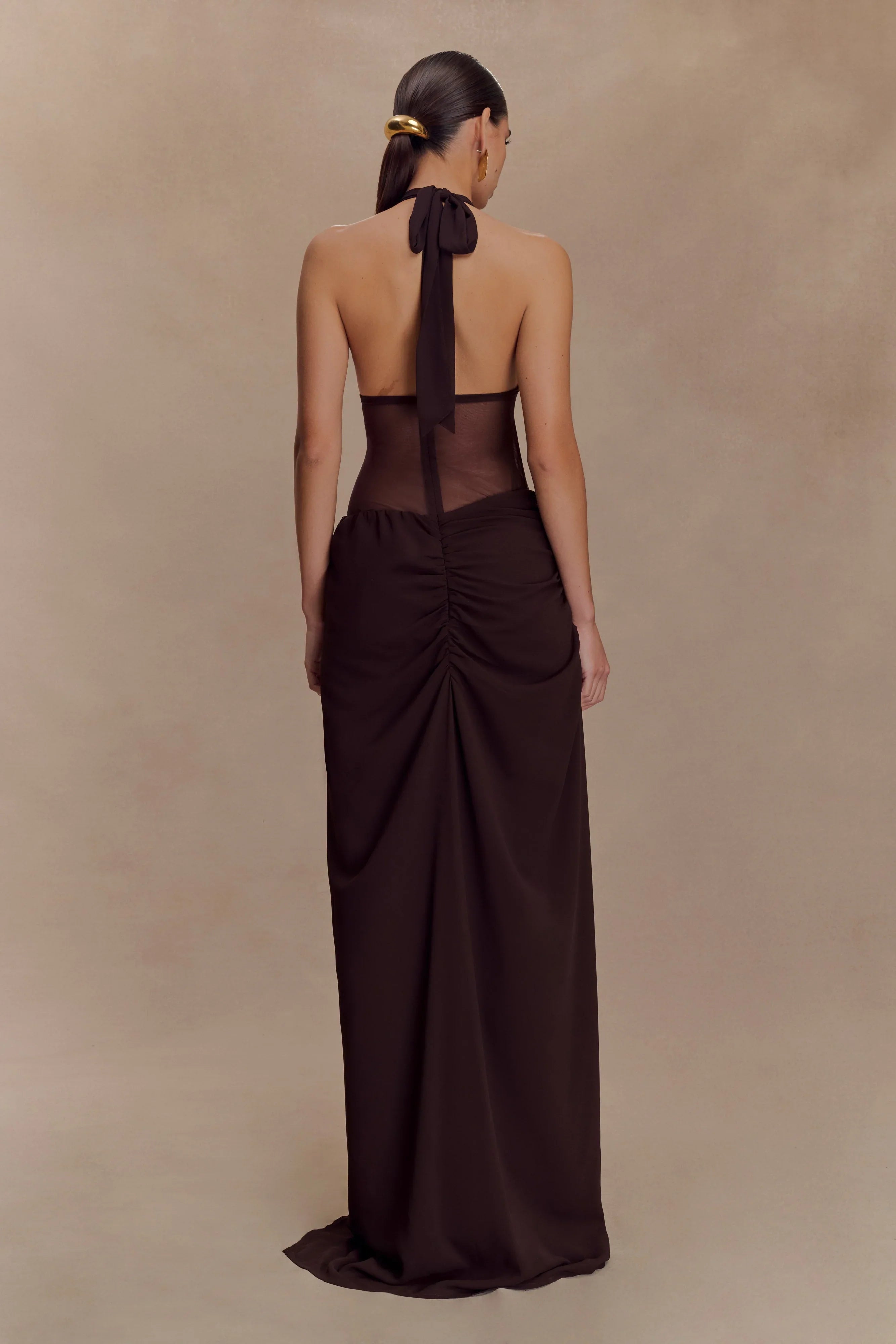 Jonna Chiffon And Mesh Maxi Dress Dark Chocolate