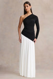 Danila Black And White Asymmetric Neck Maxi Dress With Drop Waist