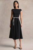 Nataline Black Round Neck Midi Dress With White Belt Detail