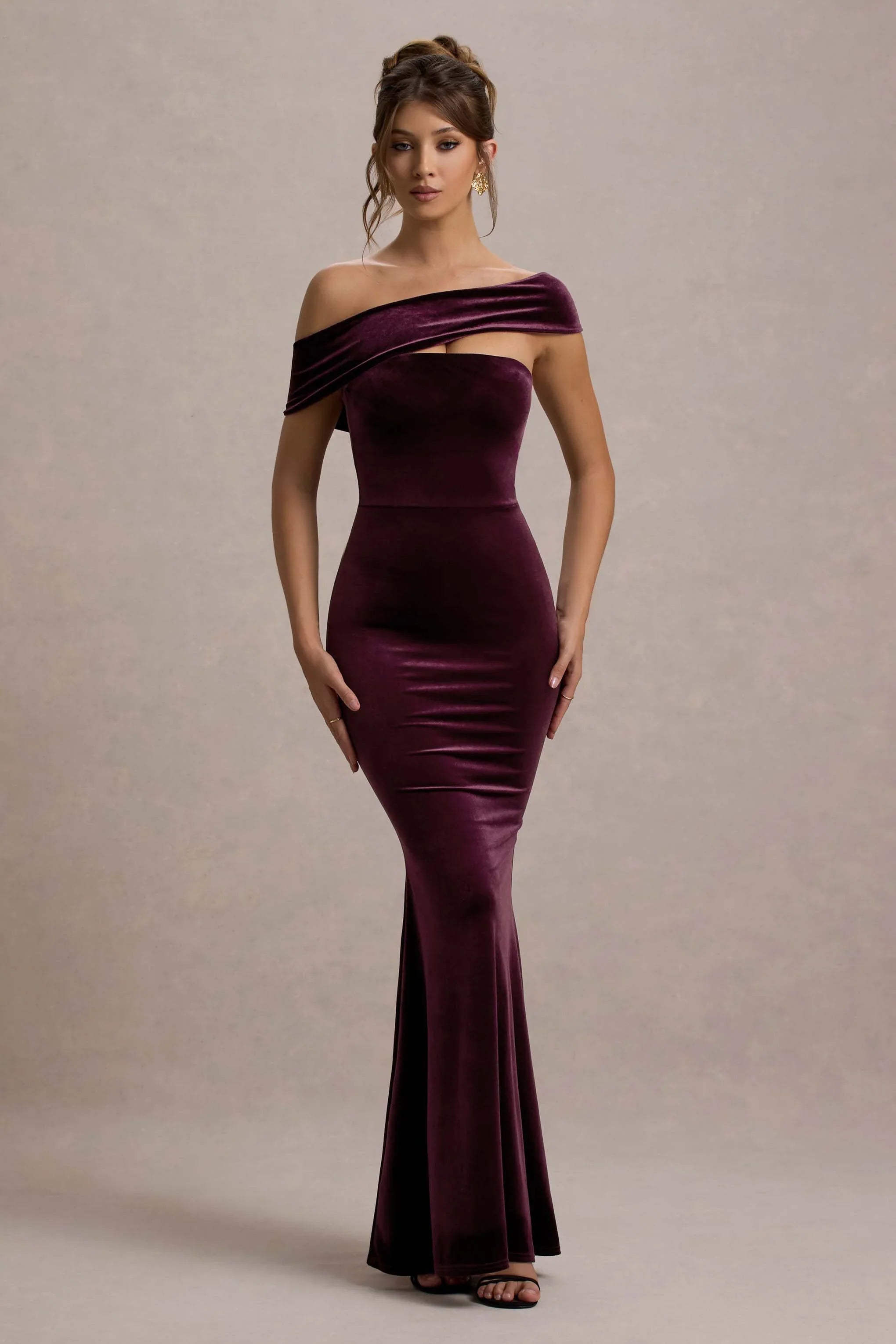Candela Port Velvet Asymmetric Bardot Maxi Dress