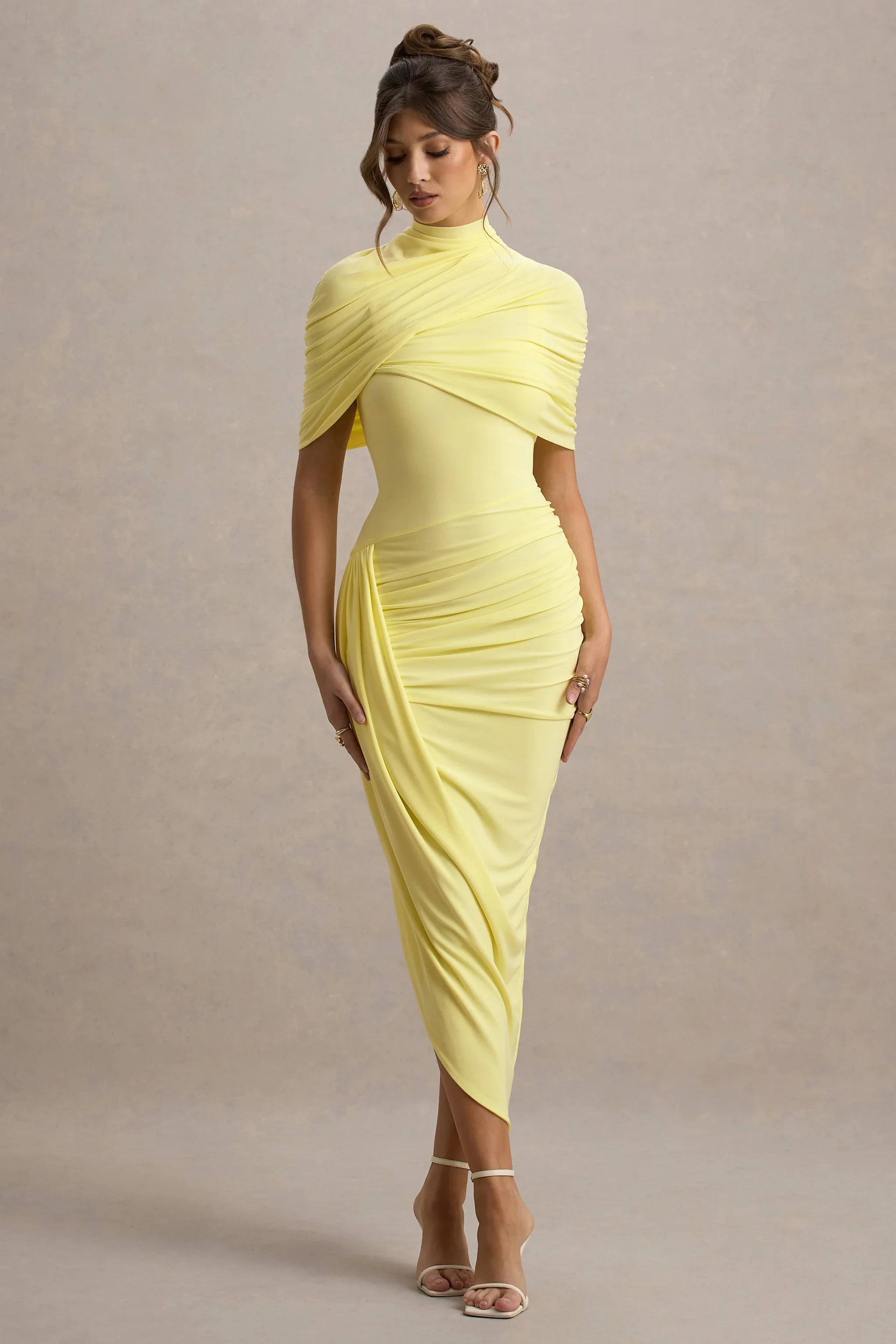 Enchant Lemon Asymmetric Twisted Cape Midi Dress