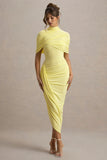 Enchant Lemon Asymmetric Twisted Cape Midi Dress
