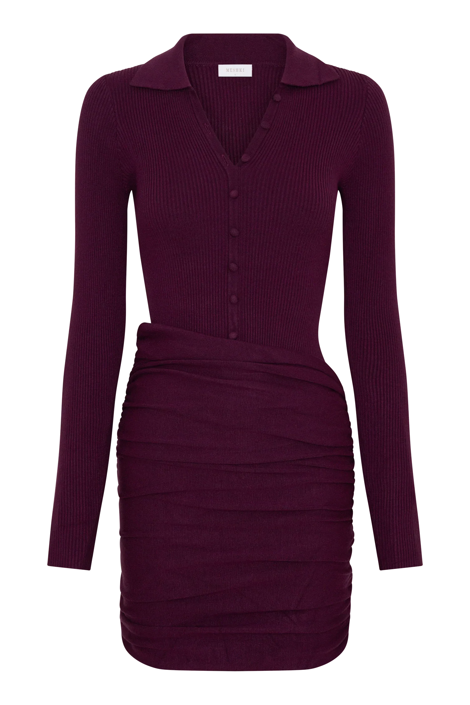 Agness Long Sleeve Button Up Knit Dress Plum