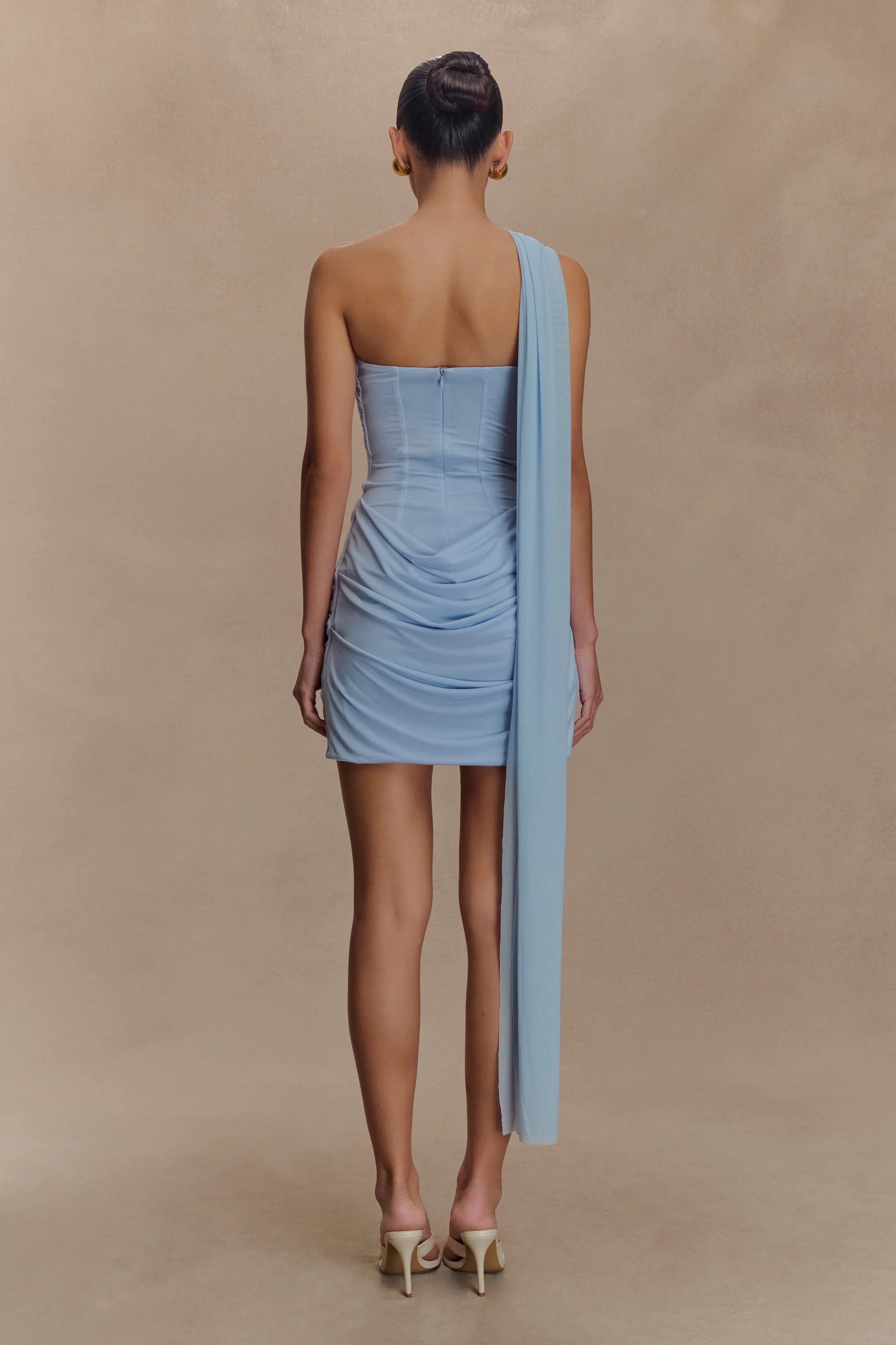 Mattea Slinky And Mesh Mini Dress With Scarf Powder Blue