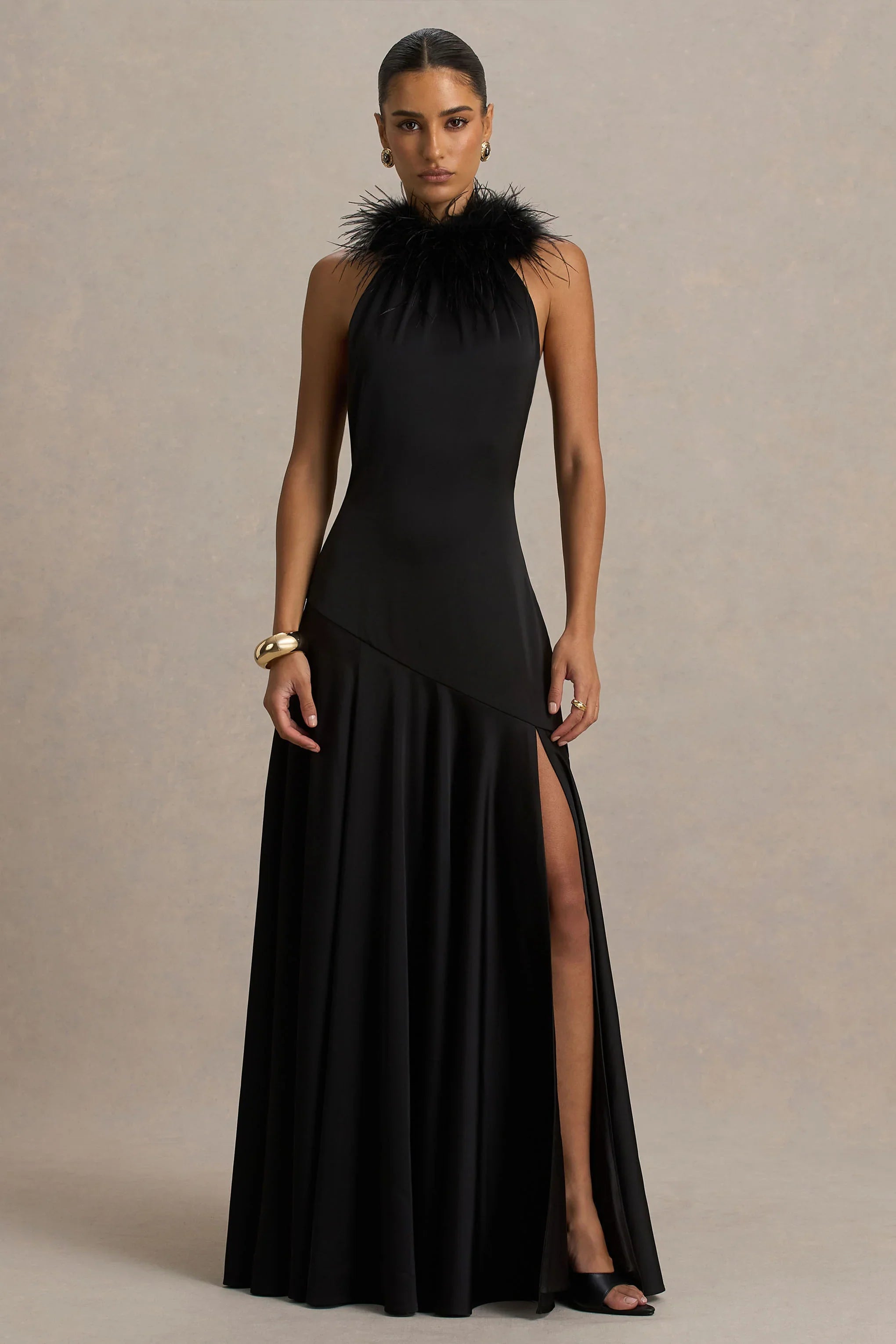 Jemima Black Satin Halter Neck Maxi Dress With Feather Trim