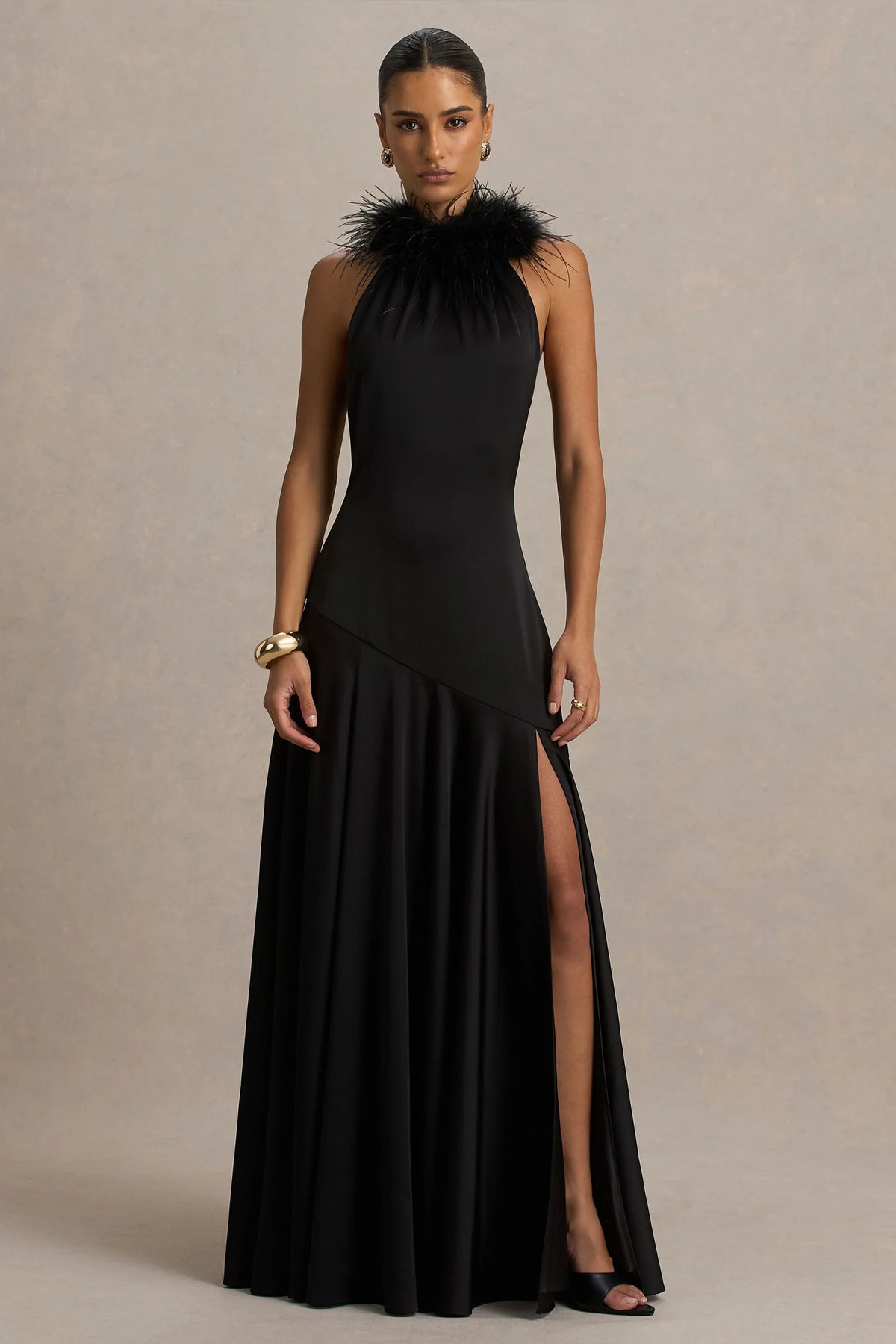 Jemima Black Satin Halter Neck Maxi Dress With Feather Trim