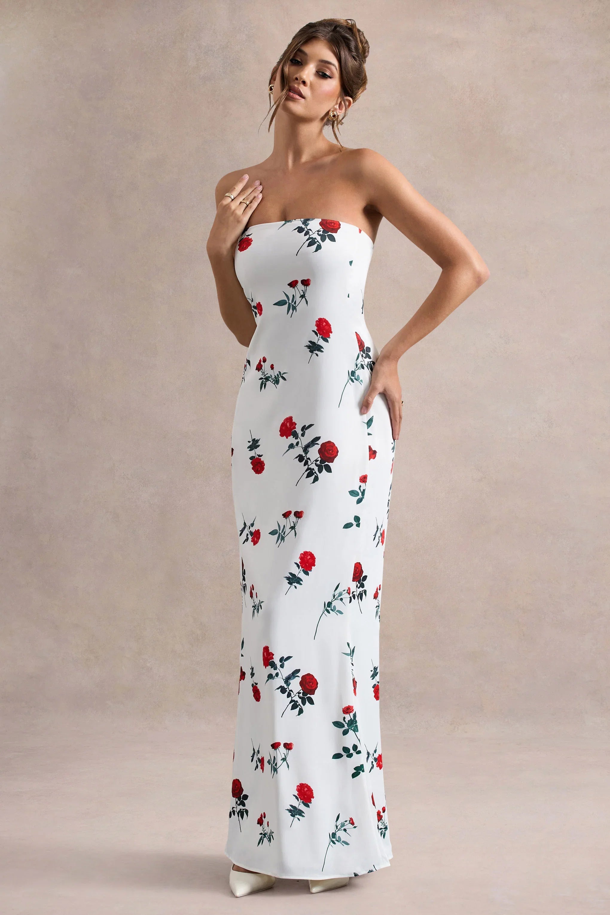 Azra Rose Print Satin Bandeau Maxi Dress