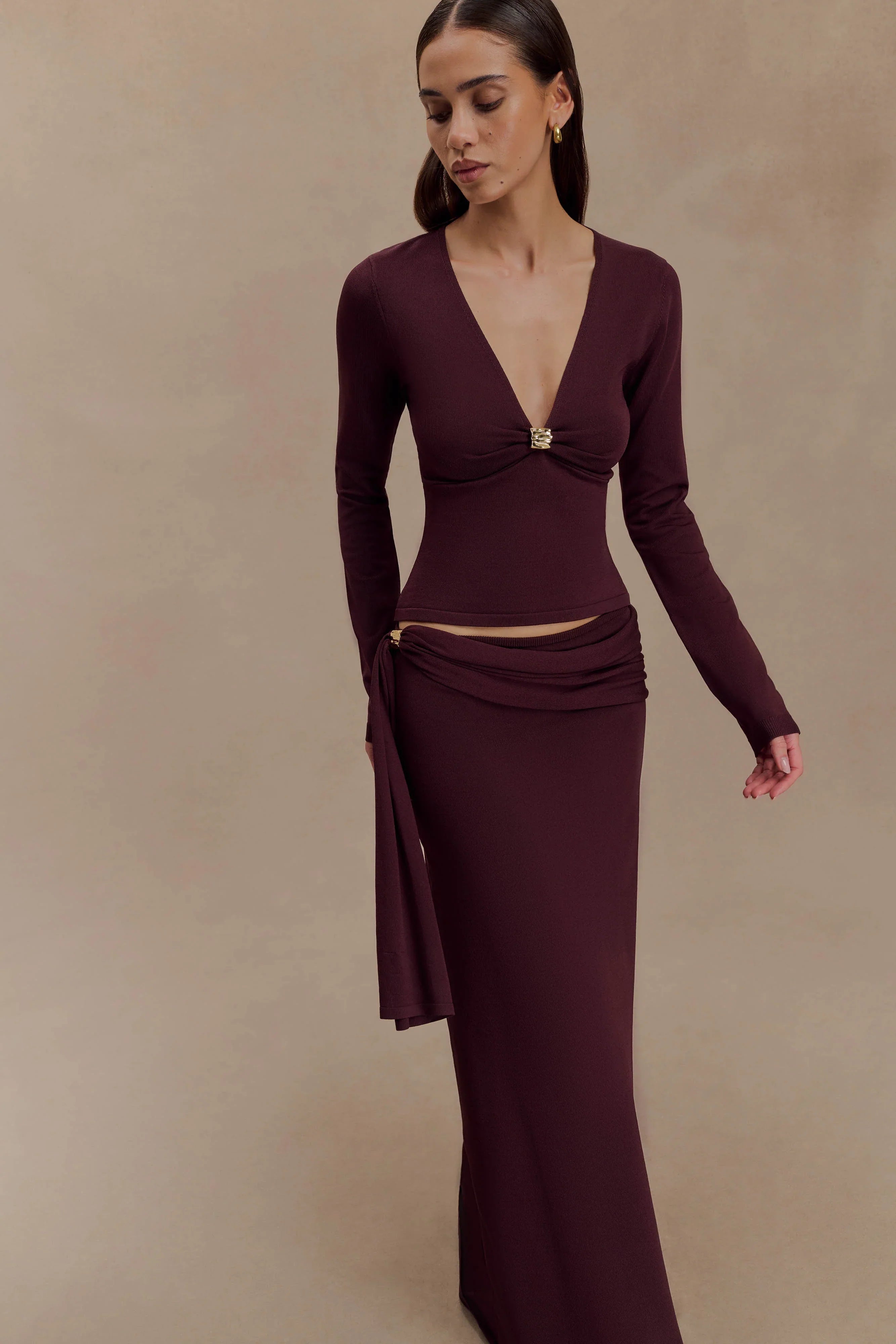 Miraby Front Ruched Knit Long Sleeve Top Dark Chocolate