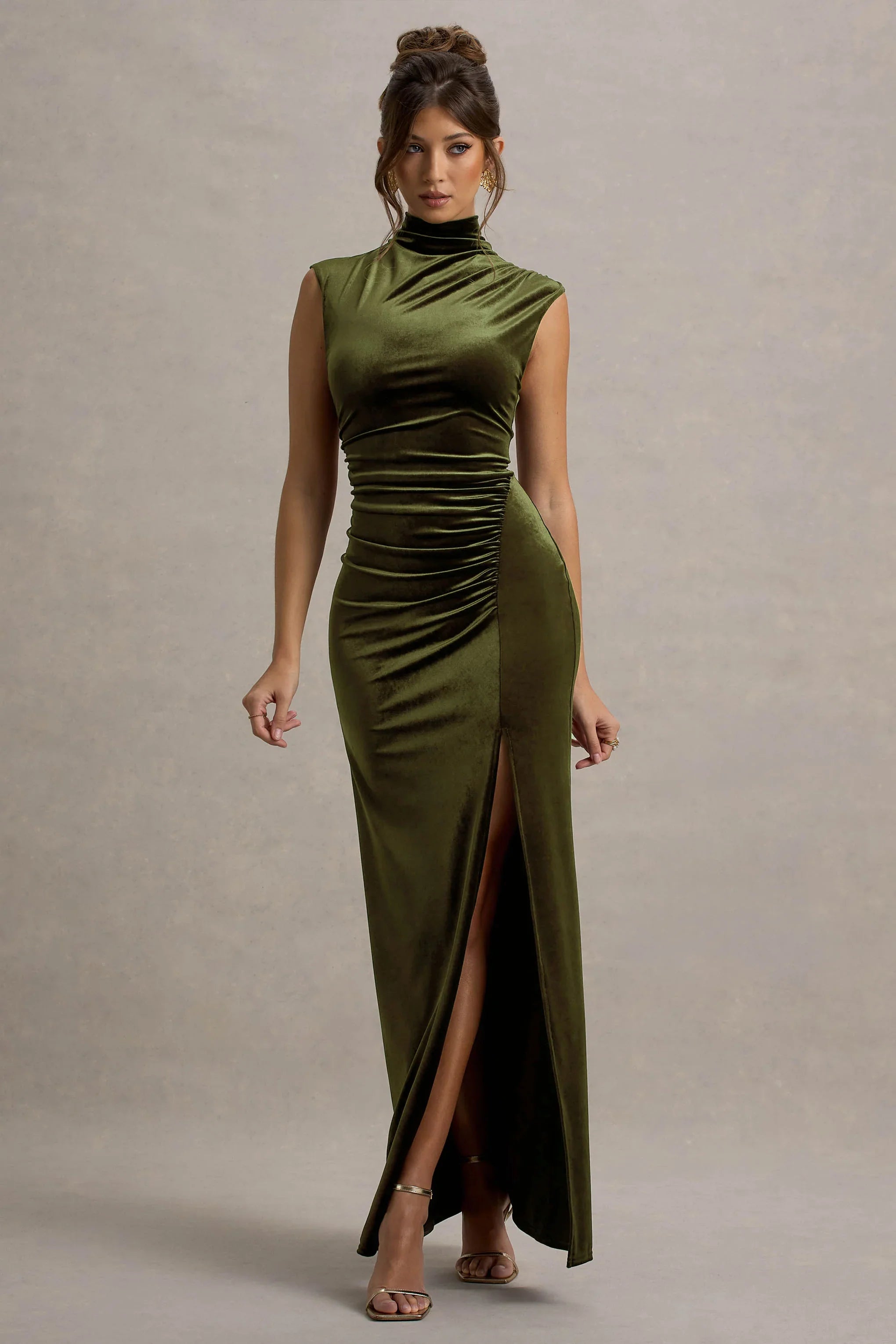 Abilene Olive Velvet High Neck Split Maxi Dress
