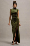 Abilene Olive Velvet High Neck Split Maxi Dress