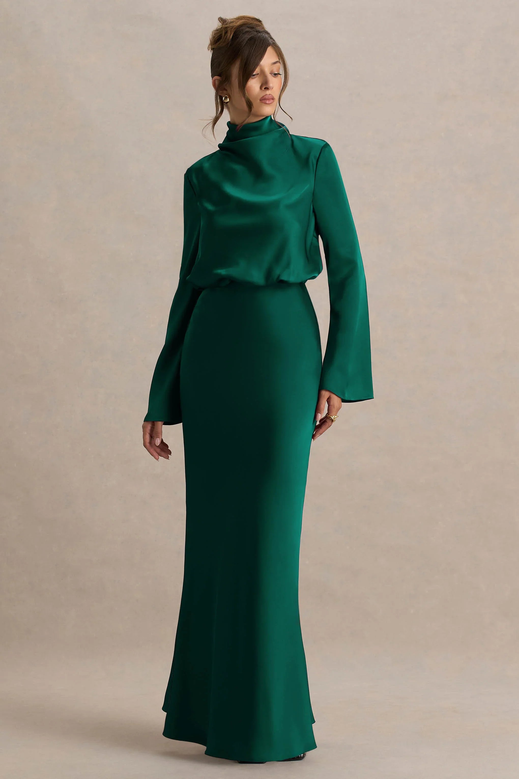 Celina Bottle Green Satin High Neck Maxi Dress