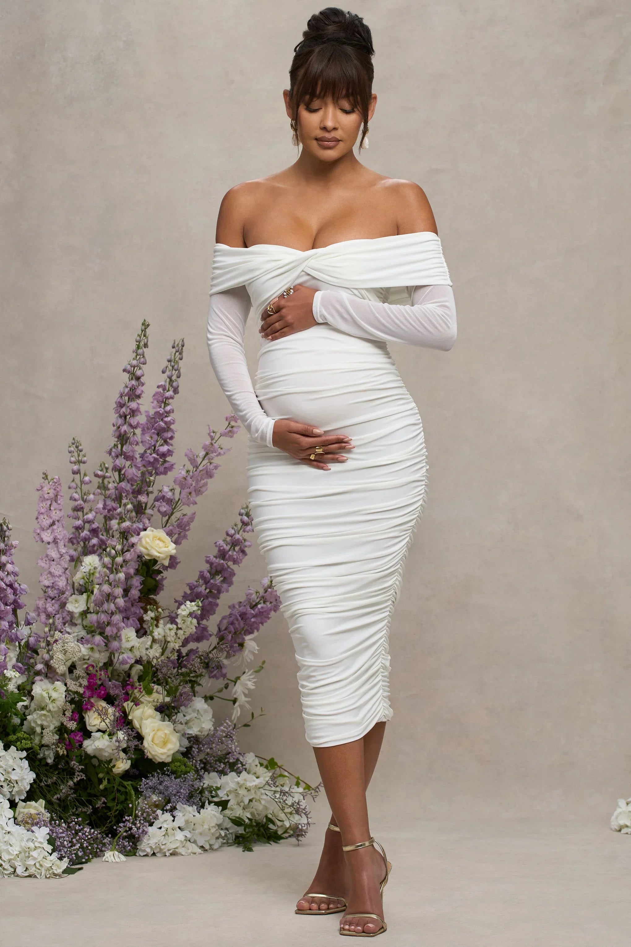 Neva White Bardot Twist Maternity Midi Dress