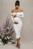 Neva White Bardot Twist Maternity Midi Dress
