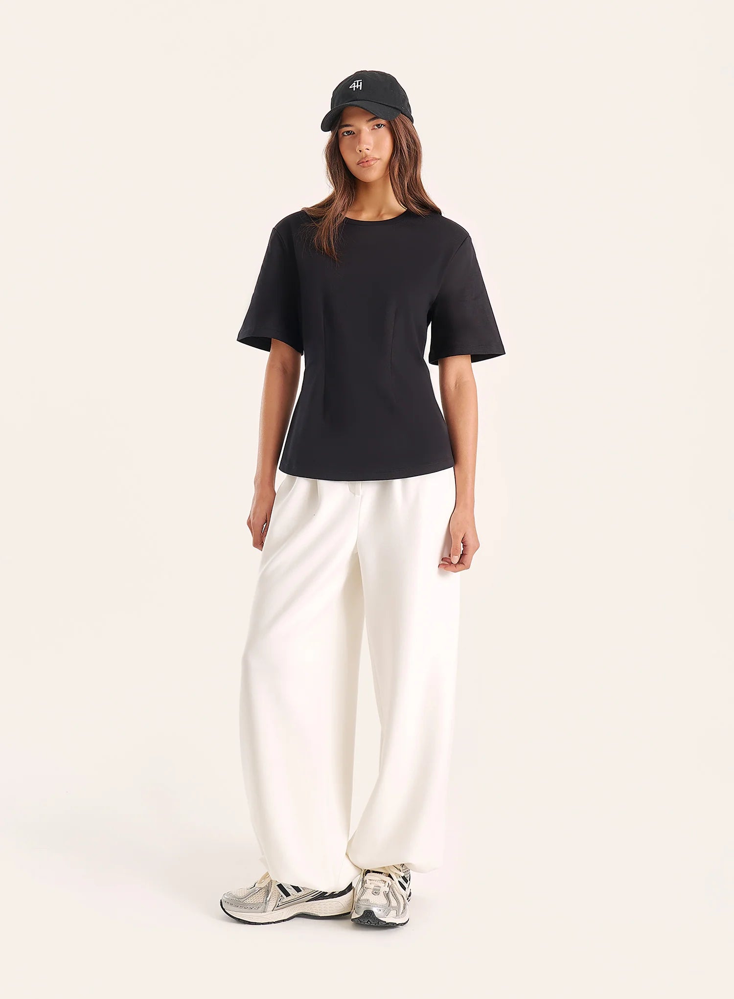 Black Shoulder Pad Cinched Waist T Shirt