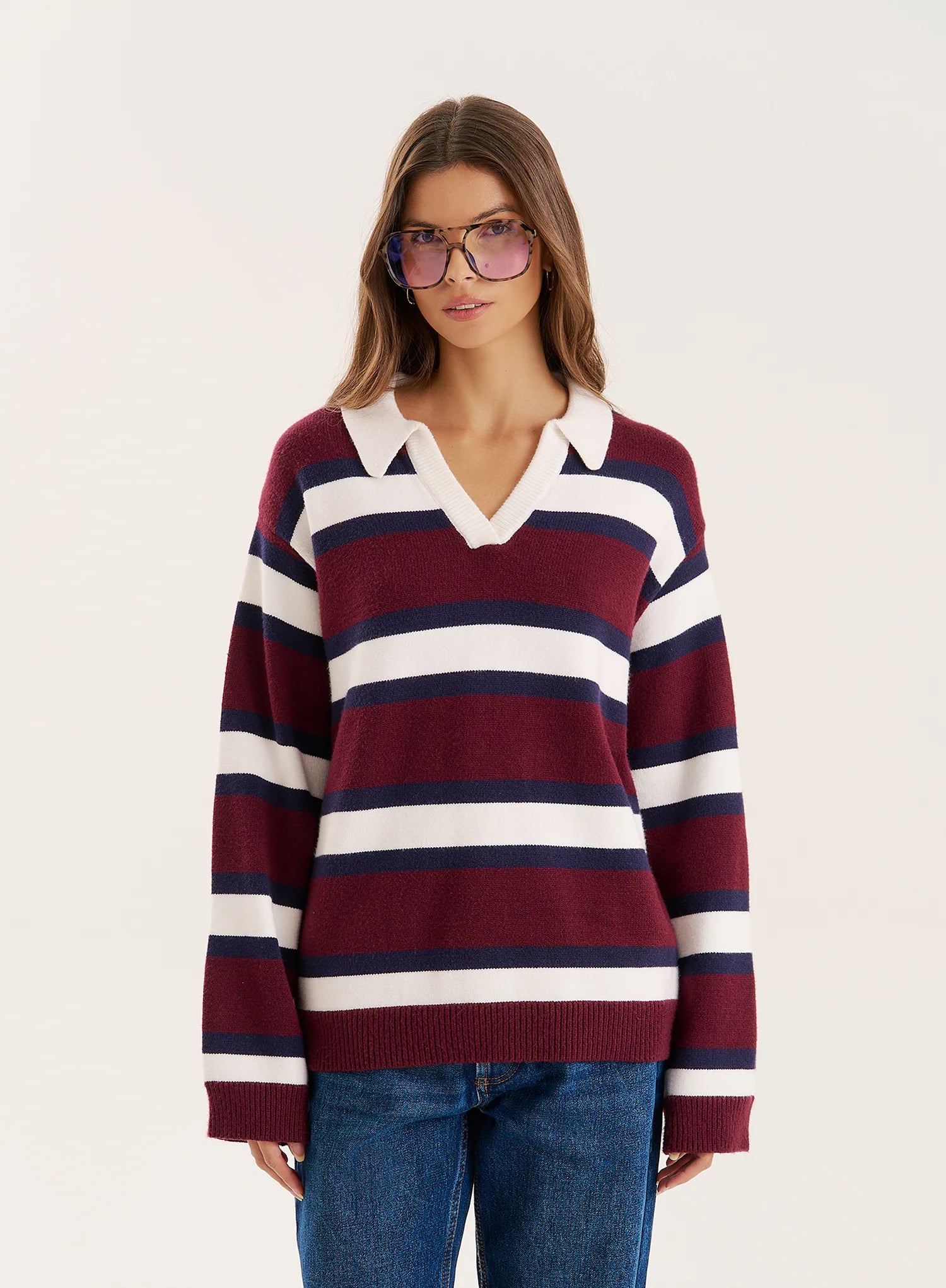Striped Knitted Contrast Collar Jumper
