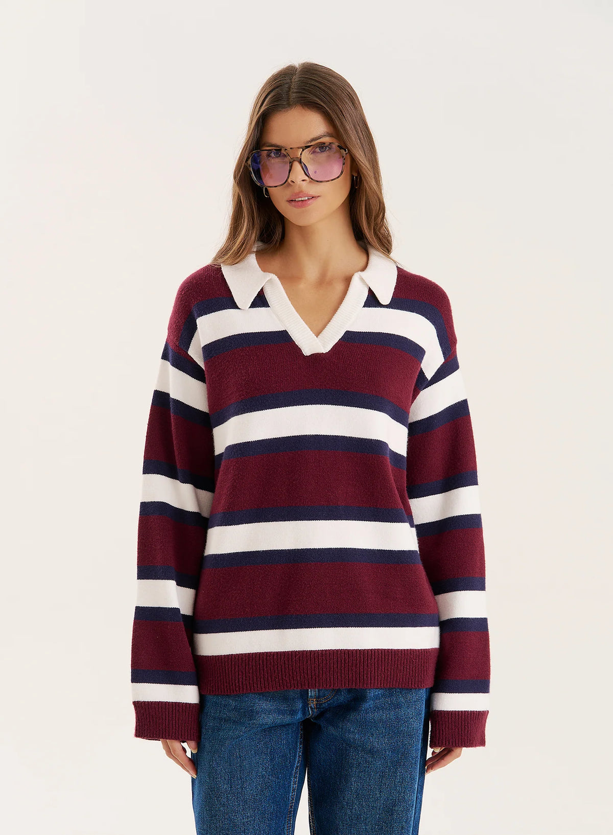Striped Knitted Contrast Collar Jumper