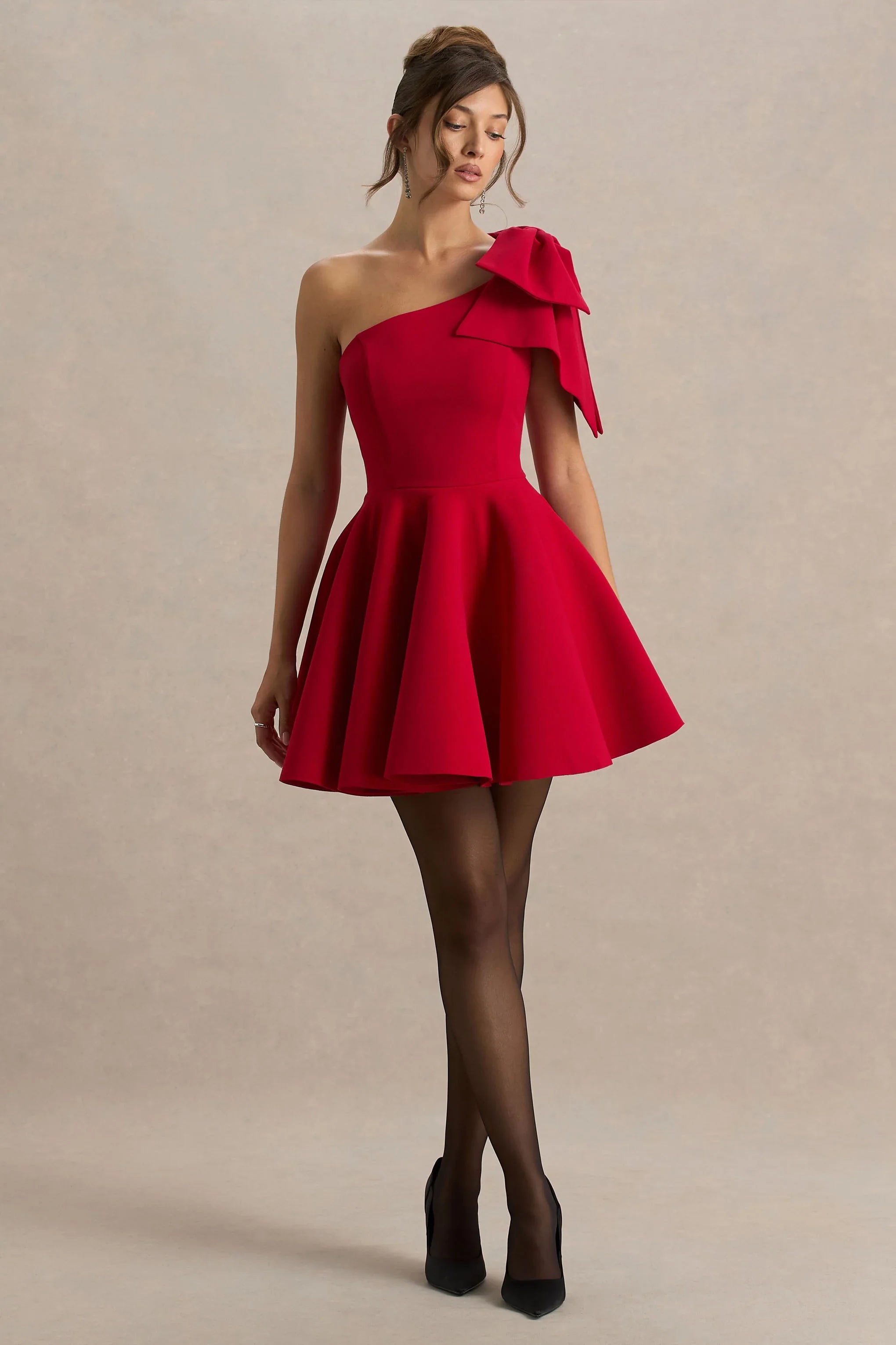Prosperity Red Asymmetric Neck Mini Dress With Bow Detail