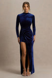 Wishes Navy Velvet High Neck Maxi Dress With Wrap Skirt