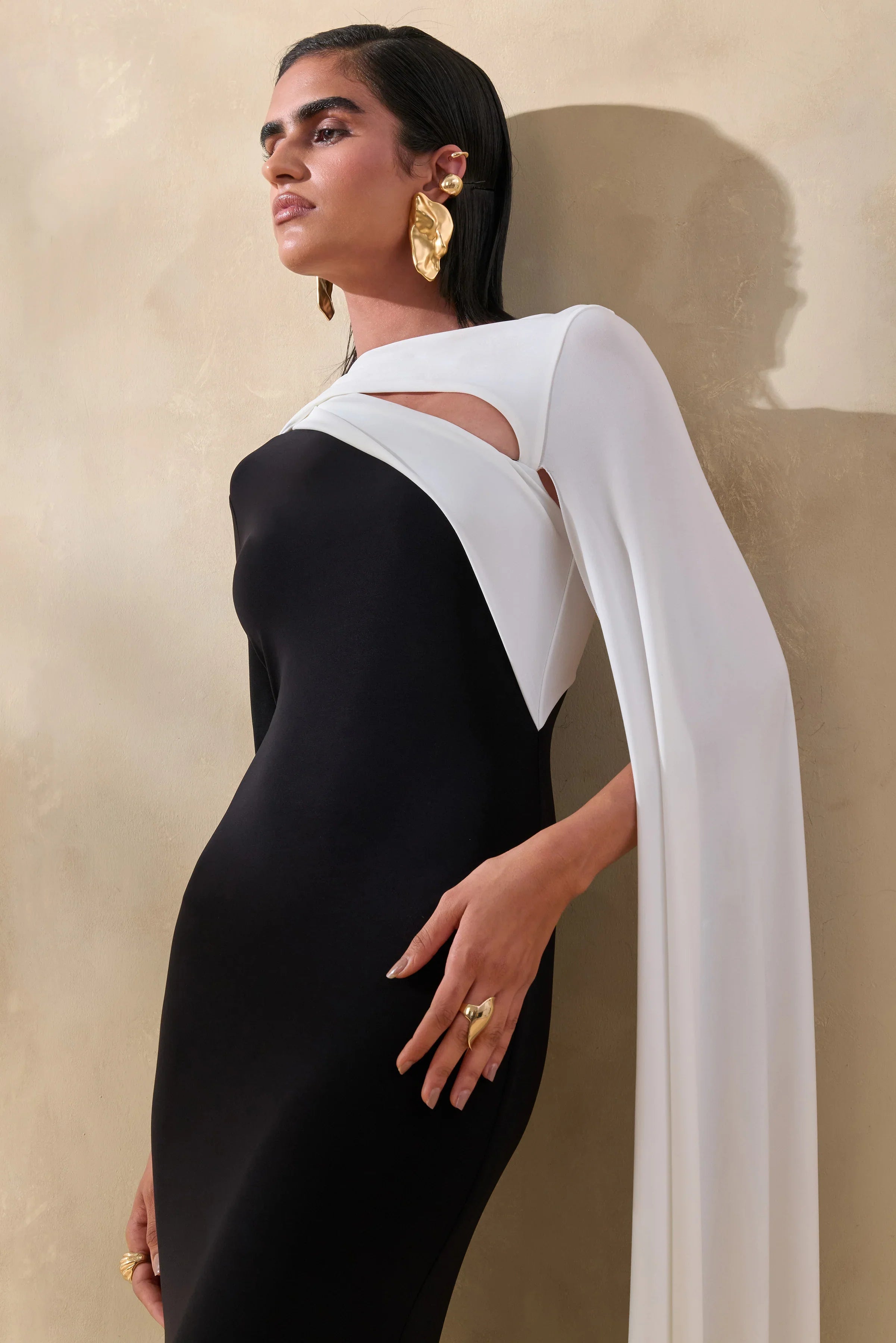 Dabria Black And White Asymmetric Neck Maxi Dress With Cape Sleeve
