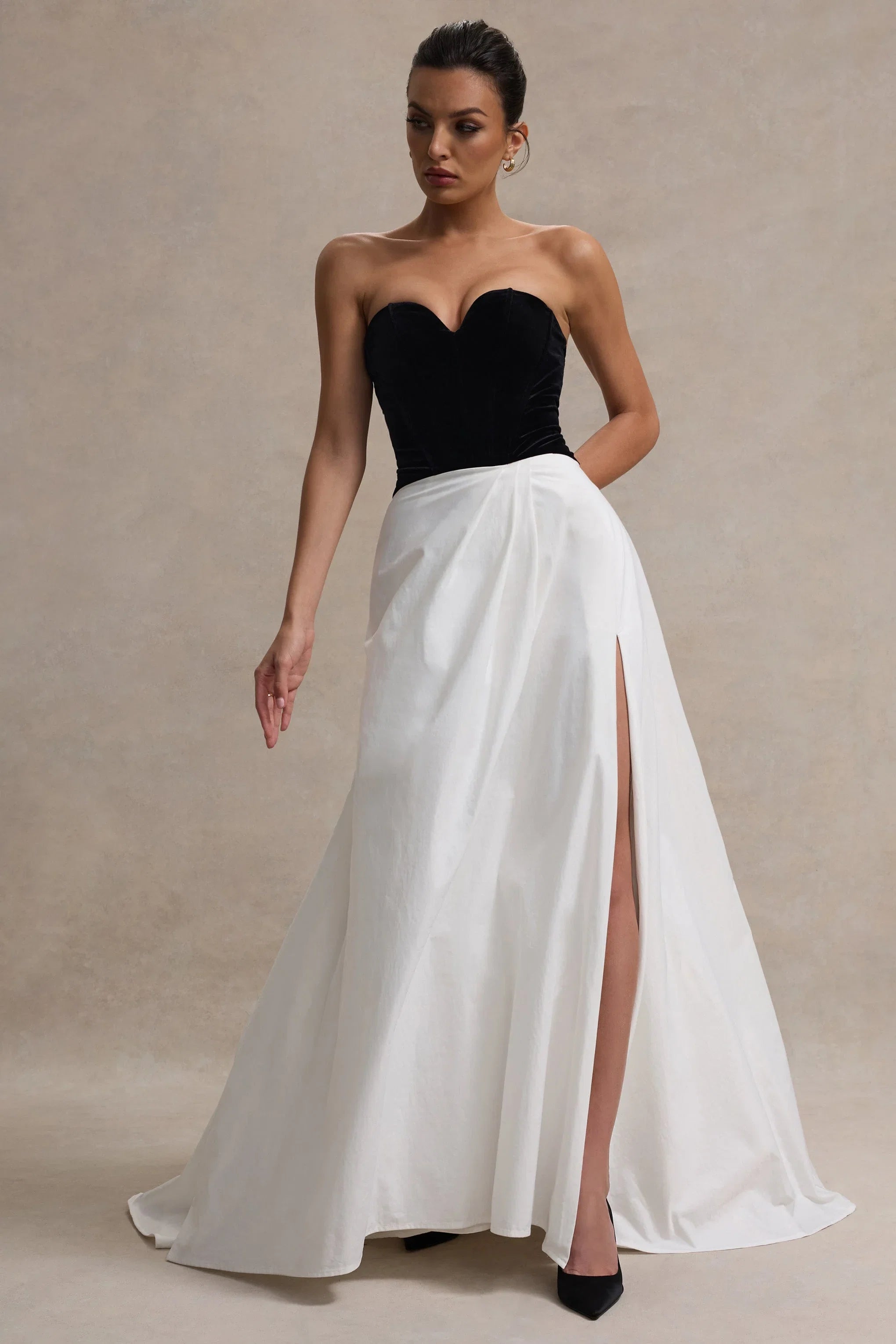 Lucienne Black Cream Sweetheart Corset Split Maxi Dress
