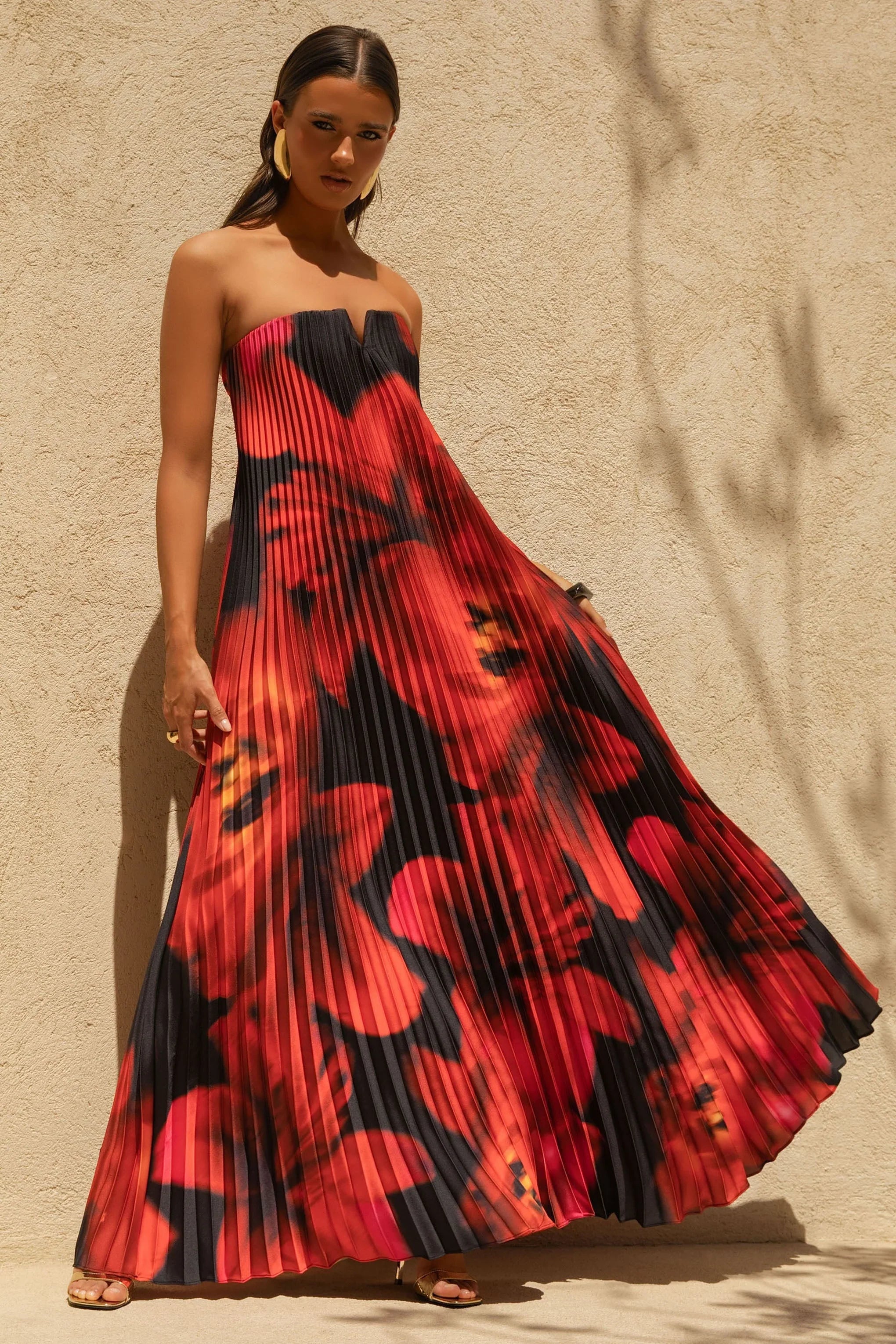 Bergamot Black And Red Floral Print Satin Sweetheart Maxi Dress