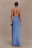 Jade Satin Halter Maxi Dress Steel Blue
