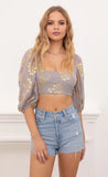 Gold Floral Puff Sleeve Top in Grey