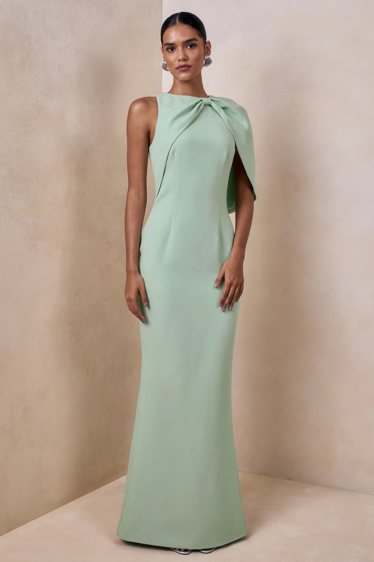 Quira Mint Asymmetric Neck Maxi Dress With Cape Sleeve