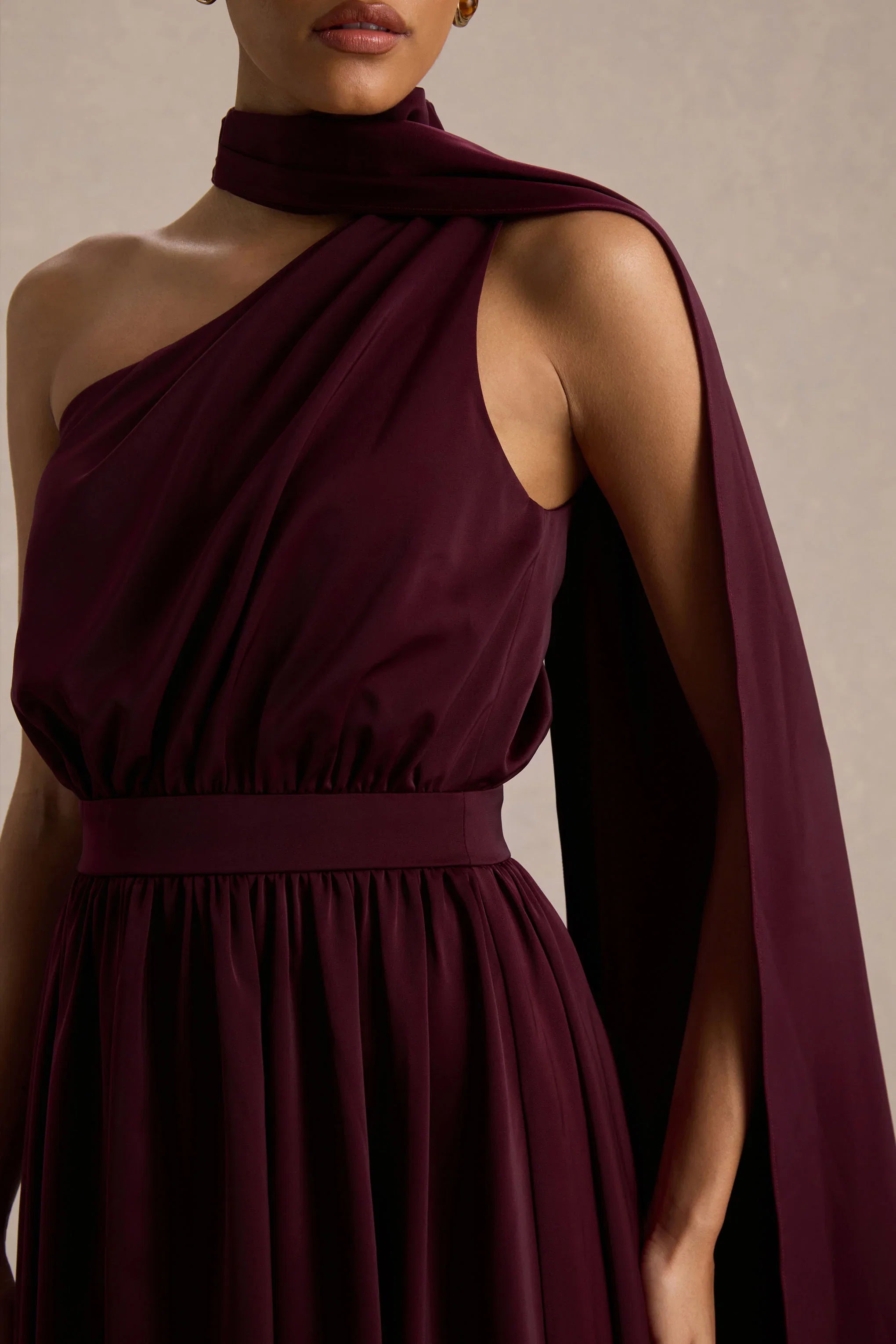 Caluna Burgundy Satin Asymmetric Neck Midi Dress With Scarf Detail