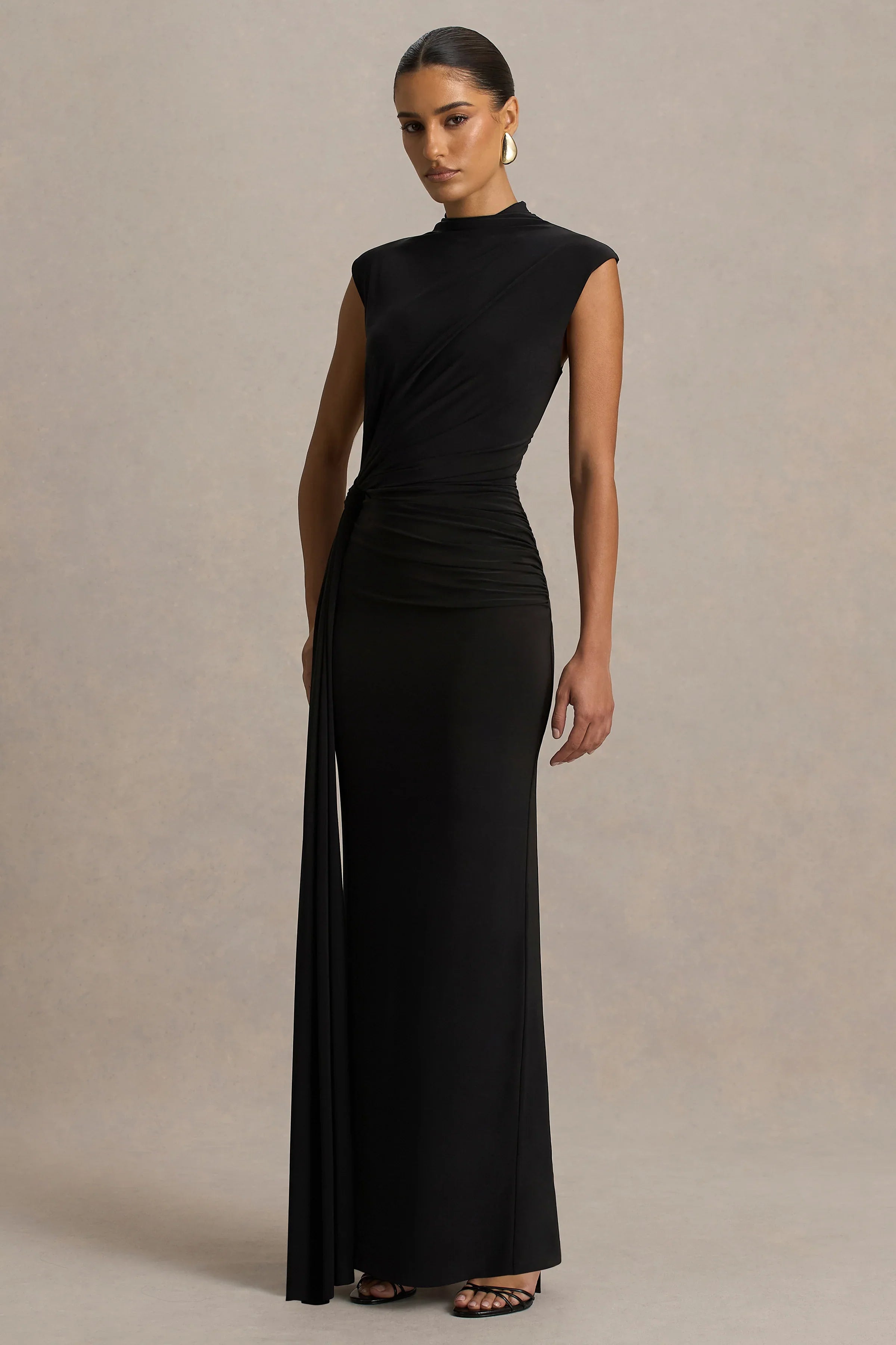 Solene Black High Neck Maxi Dress With Wrap And Drape Detail