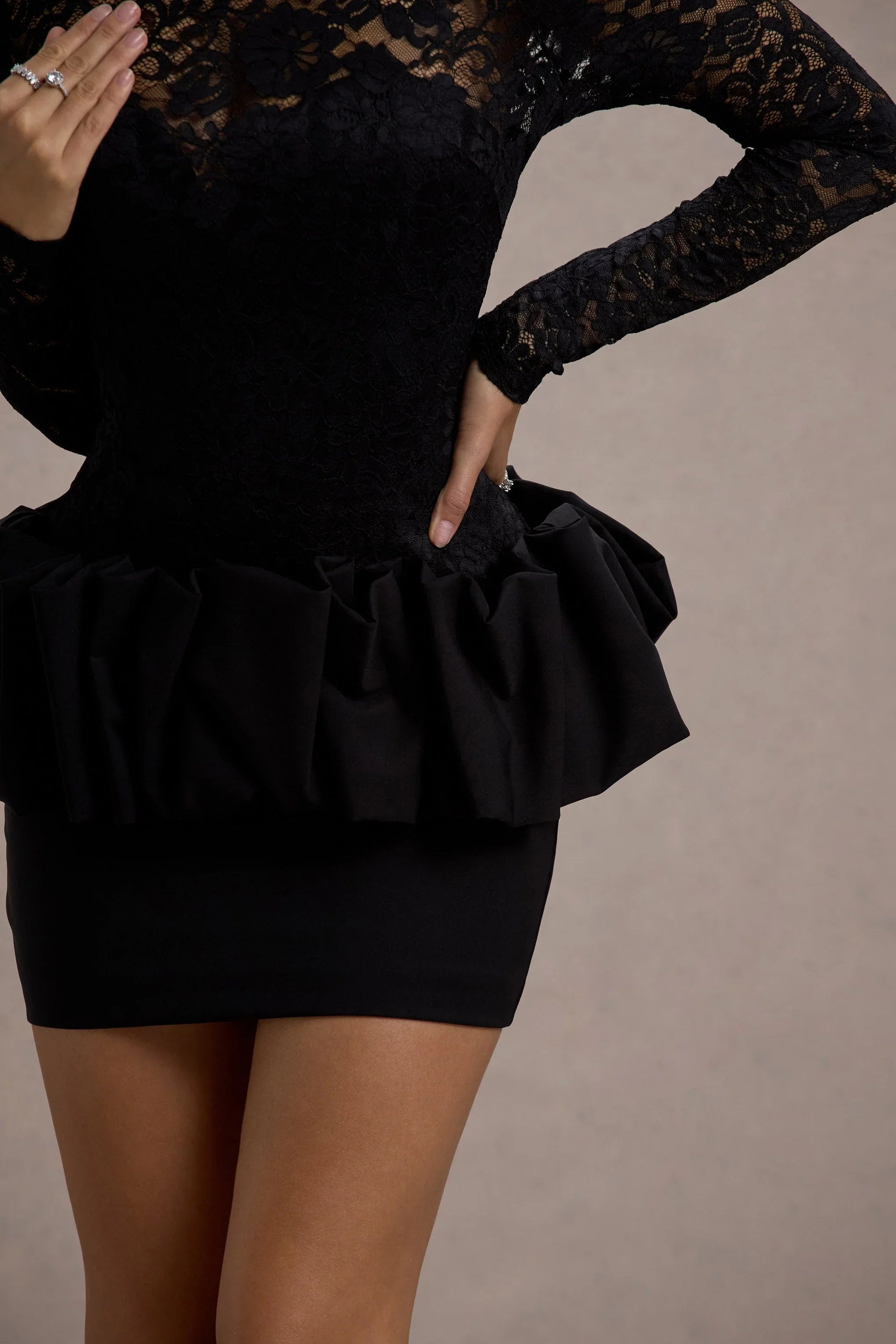 Antheia Black Lace Long Sleeve Peplum Mini Dress