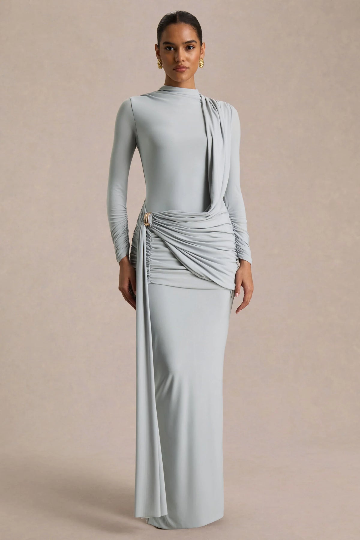 Melissa Blue Long Sleeve Wrap Maxi Dress With Draped Detailing