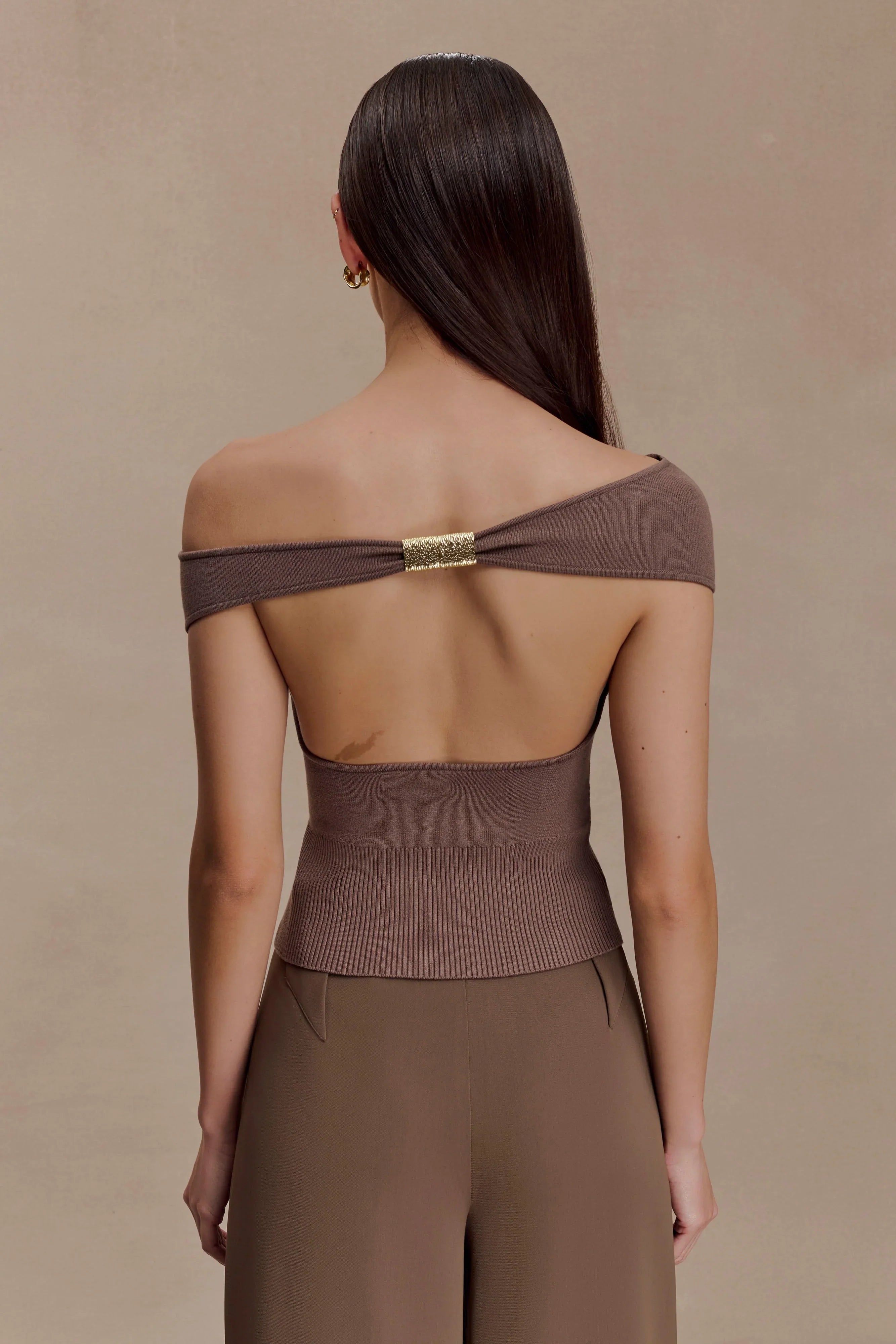 Carley Off Shoulder Knit Top Cacao Brown
