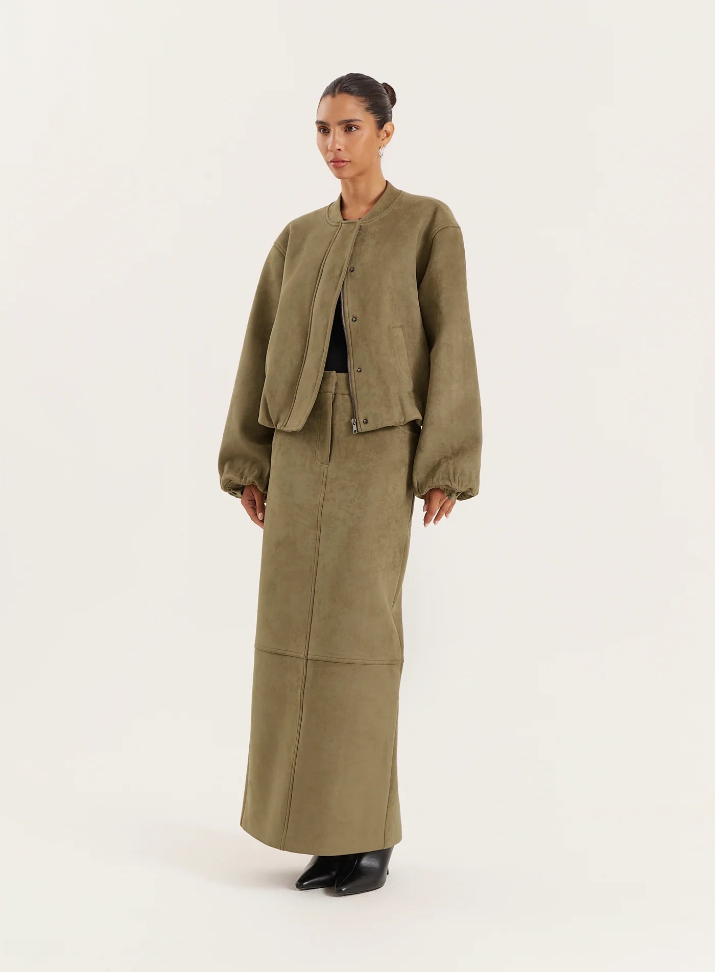 Olive Faux Suede Maxi Skirt